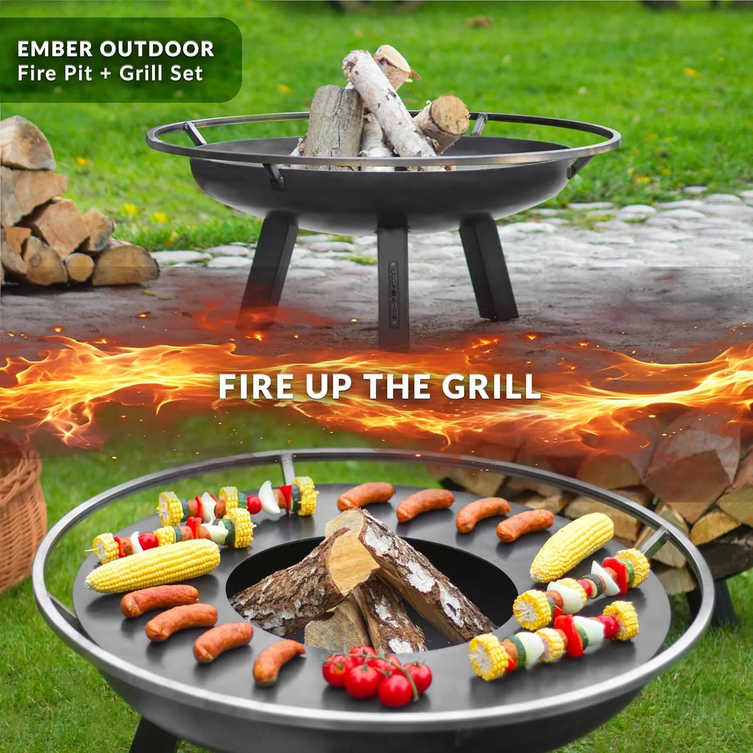 Ember 32" Handcrafted Cooking Fire Pit, Cooking Grill Plate Attachment and Cover Lid Attachment for Wood Burning for Backyard Grilling Campfire for Camping, Outdoor Steel, Good Directions Firepit