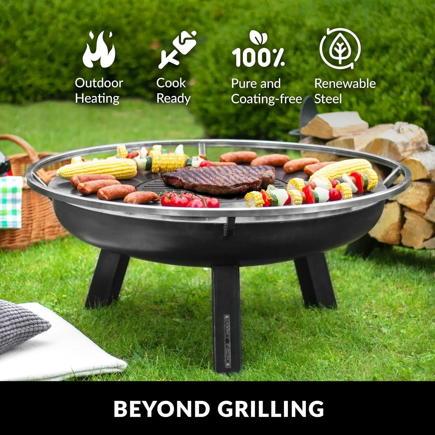 Ember 32" Handcrafted Cooking Fire Pit, Cooking Grill Plate Attachment and Cover Lid Attachment for Wood Burning for Backyard Grilling Campfire for Camping, Outdoor Steel, Good Directions Firepit