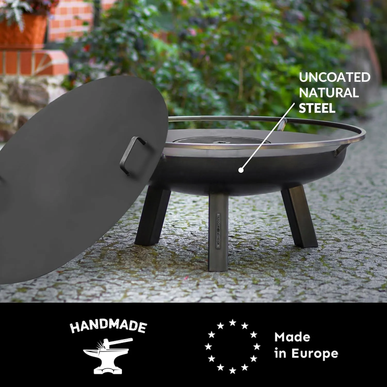 Ember 32" Handcrafted Cooking Fire Pit, Cooking Grill Plate Attachment and Cover Lid Attachment for Wood Burning for Backyard Grilling Campfire for Camping, Outdoor Steel, Good Directions Firepit