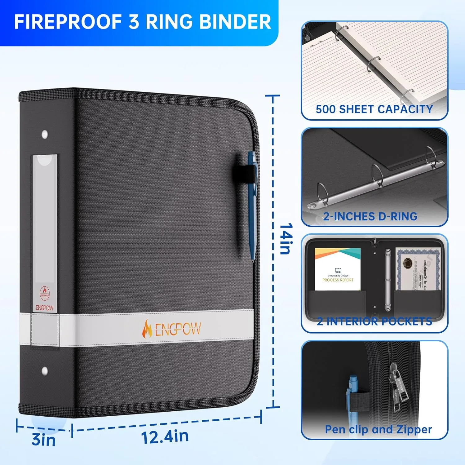 ENGPOW 3 Ring Binder,Fireproof 2 Inch D Ring Binder with Zipper,Holds 500 Sheets,Non-Stick,PVC-Free,Compatible with Clear Sheet Protectors,Portable School Office Home Safe Storage for Paper,Black