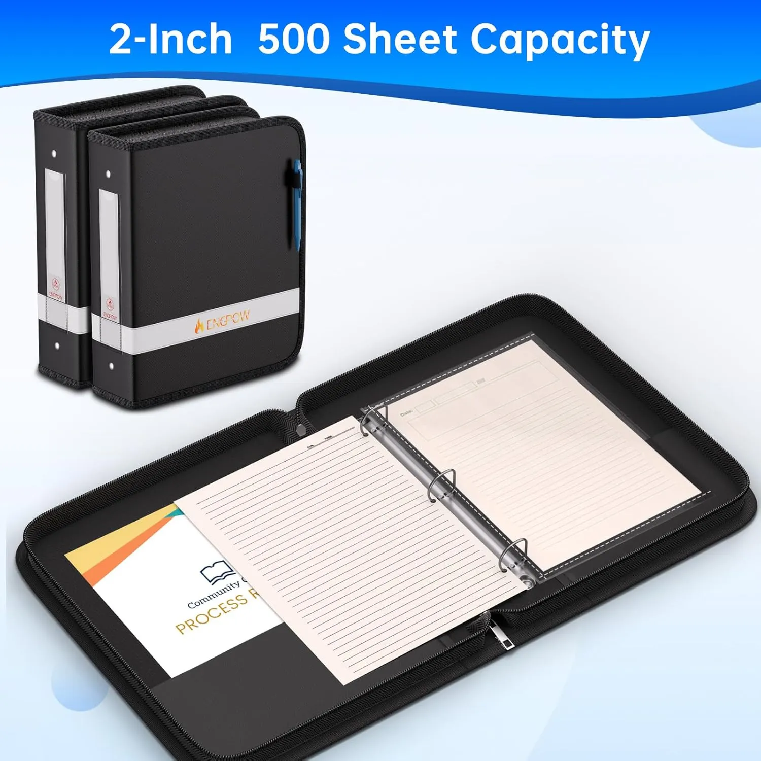 ENGPOW 3 Ring Binder,Fireproof 2 Inch D Ring Binder with Zipper,Holds 500 Sheets,Non-Stick,PVC-Free,Compatible with Clear Sheet Protectors,Portable School Office Home Safe Storage for Paper,Black