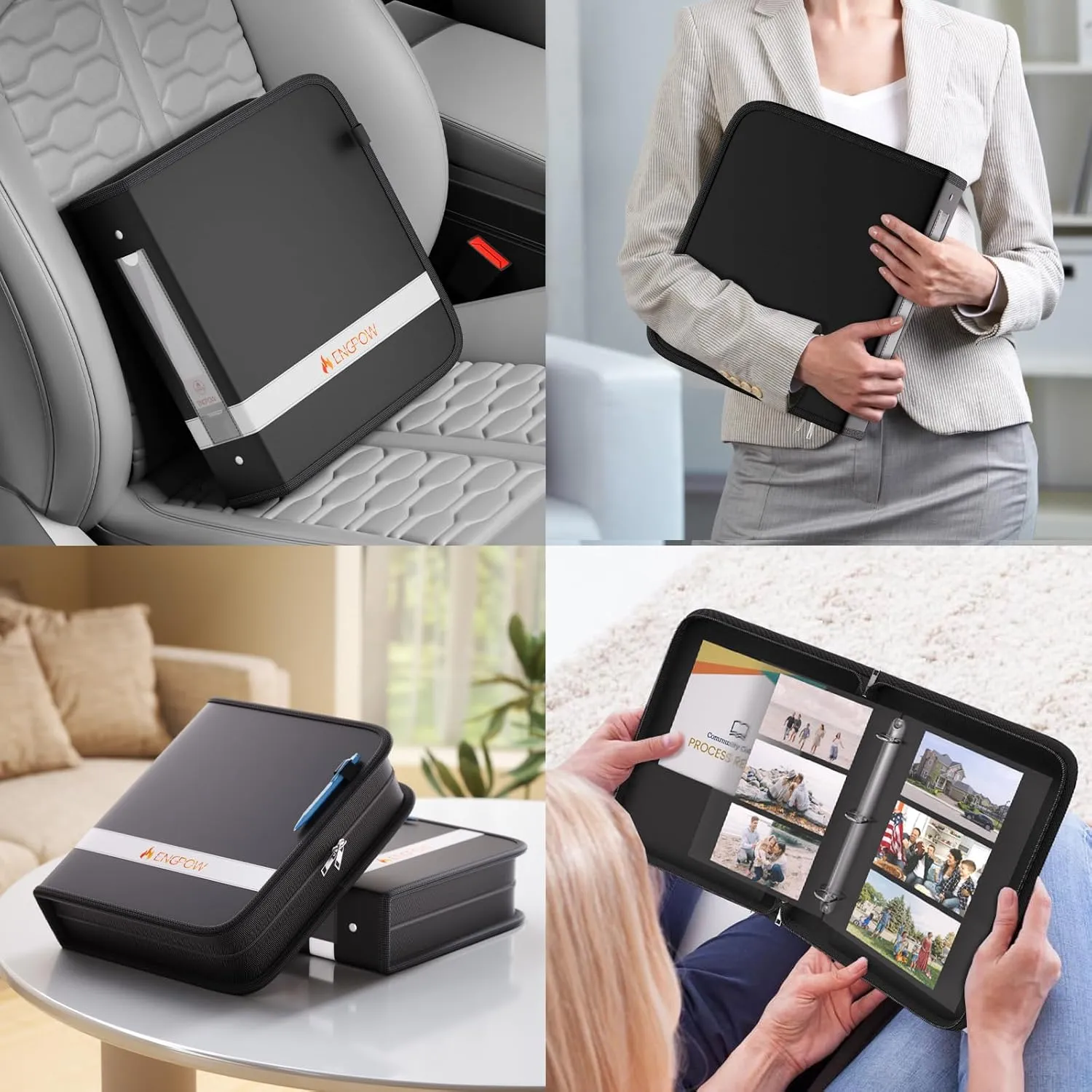 ENGPOW 3 Ring Binder,Fireproof 2 Inch D Ring Binder with Zipper,Holds 500 Sheets,Non-Stick,PVC-Free,Compatible with Clear Sheet Protectors,Portable School Office Home Safe Storage for Paper,Black