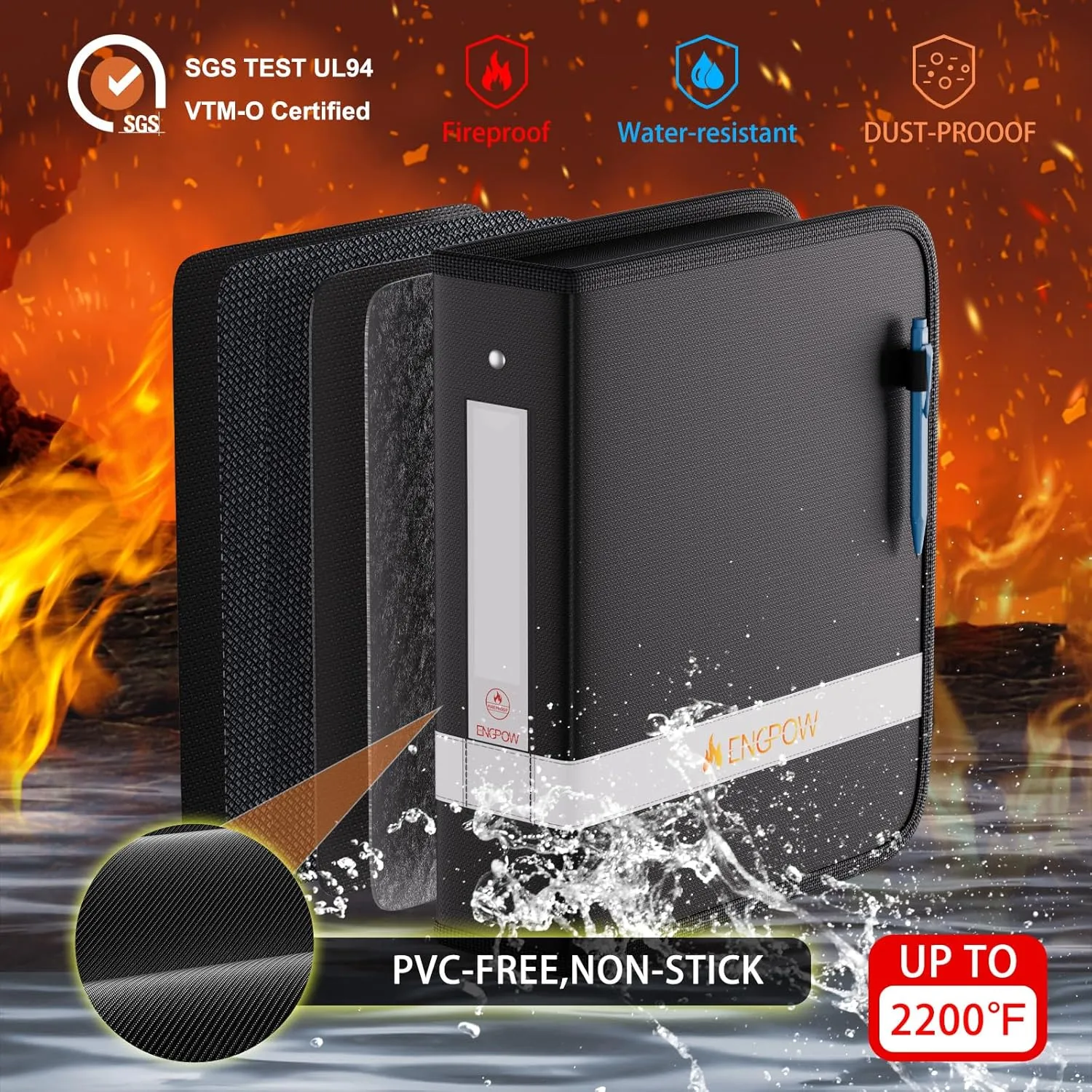 ENGPOW 3 Ring Binder,Fireproof 2 Inch D Ring Binder with Zipper,Holds 500 Sheets,Non-Stick,PVC-Free,Compatible with Clear Sheet Protectors,Portable School Office Home Safe Storage for Paper,Black