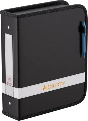 ENGPOW 3 Ring Binder,Fireproof 2 Inch D Ring Binder with Zipper,Holds 500 Sheets,Non-Stick,PVC-Free,Compatible with Clear Sheet Protectors,Portable School Office Home Safe Storage for Paper,Black
