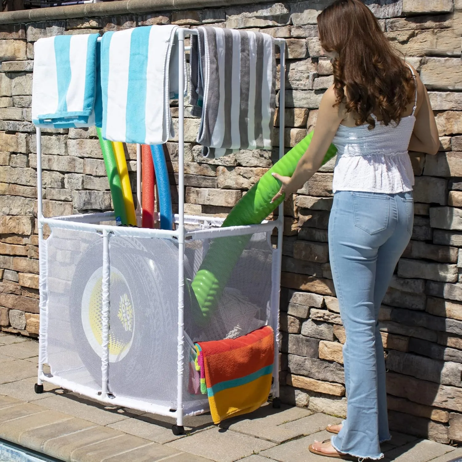 Essentially Yours Pool Equipment Holder with Towel Drying Bars, Mesh Rolling Pool Storage Organizer Bin, Extra Large with Towel Hanger, (34.5" W x 25" L x 62.6" H), White Style 418566