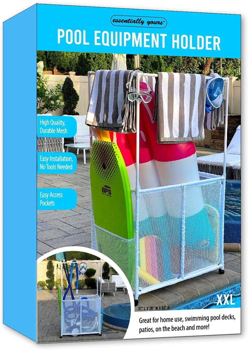 Essentially Yours Pool Equipment Holder with Towel Drying Bars, Mesh Rolling Pool Storage Organizer Bin, Extra Large with Towel Hanger, (34.5" W x 25" L x 62.6" H), White Style 418566