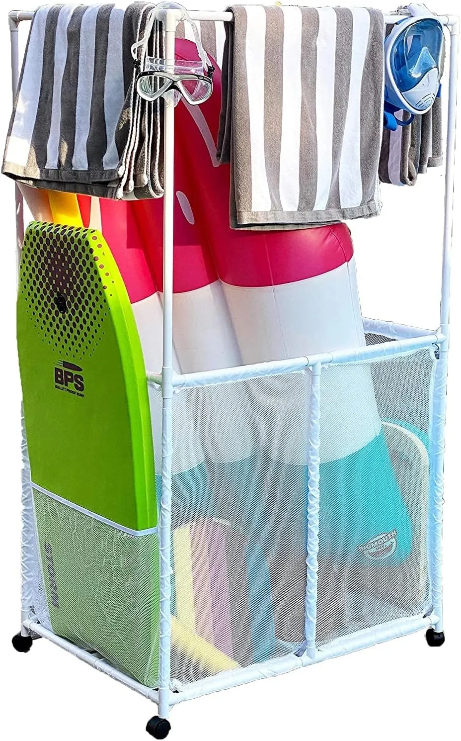Essentially Yours Pool Equipment Holder with Towel Drying Bars, Mesh Rolling Pool Storage Organizer Bin, Extra Large with Towel Hanger, (34.5" W x 25" L x 62.6" H), White Style 418566