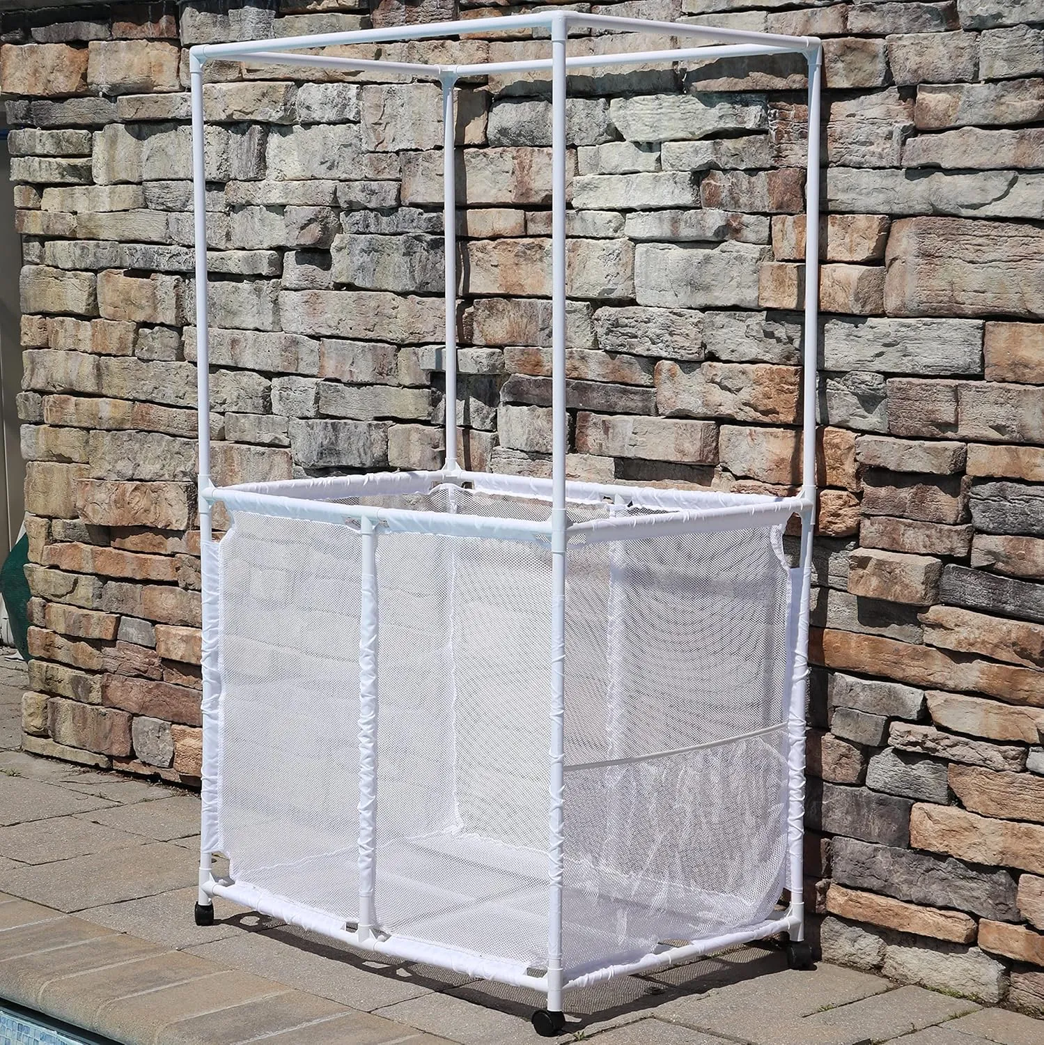 Essentially Yours Pool Equipment Holder with Towel Drying Bars, Mesh Rolling Pool Storage Organizer Bin, Extra Large with Towel Hanger, (34.5" W x 25" L x 62.6" H), White Style 418566