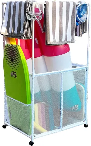 Essentially Yours Pool Equipment Holder with Towel Drying Bars, Mesh Rolling Pool Storage Organizer Bin, Extra Large with Towel Hanger, (34.5" W x 25" L x 62.6" H), White Style 418566