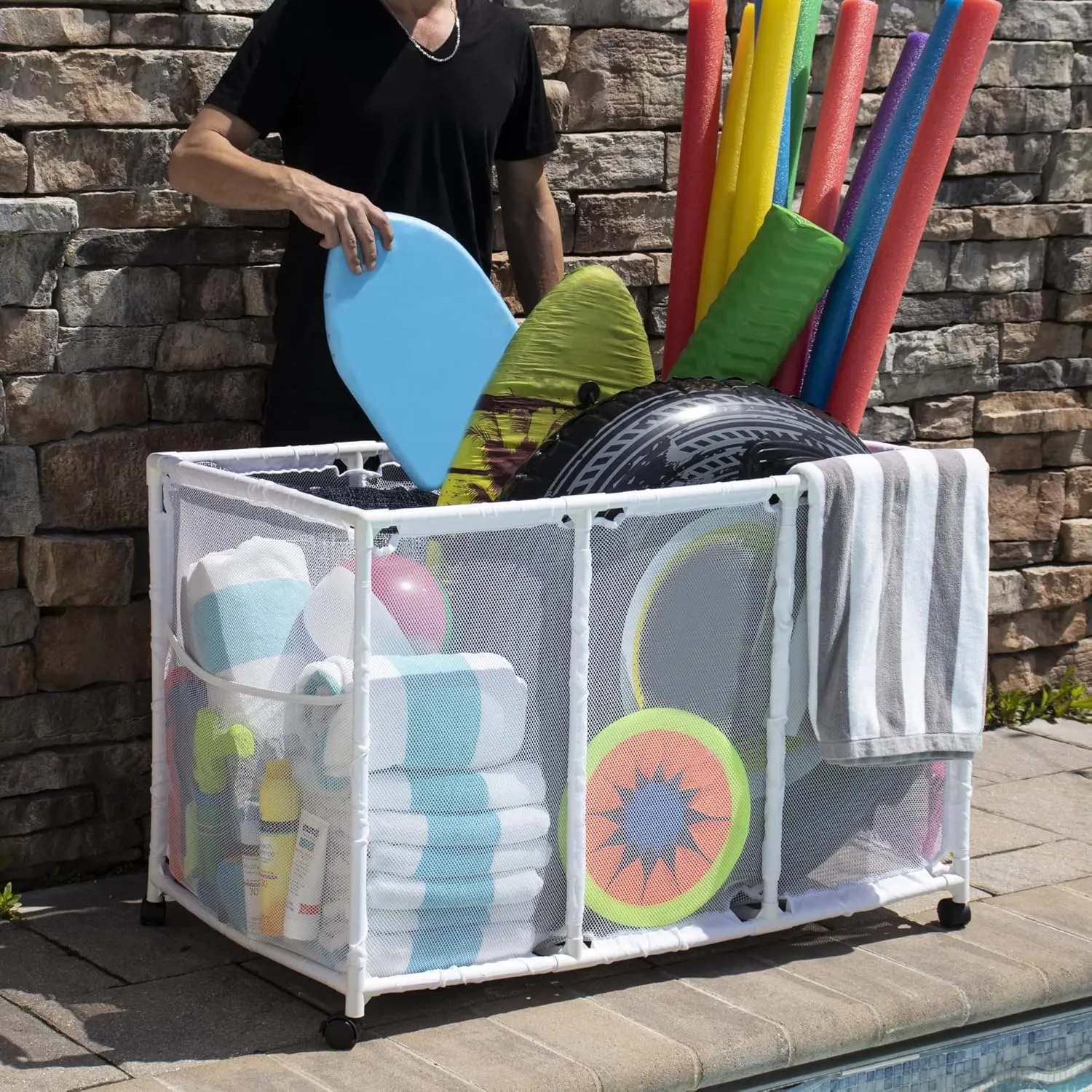 Essentially Yours Pool Noodles Holder, Toys, Balls and Floats Equipment Mesh Rolling Storage Organizer Bin, Kids Height, Large, (43" W x 25" L x 28" H), White Style 563009