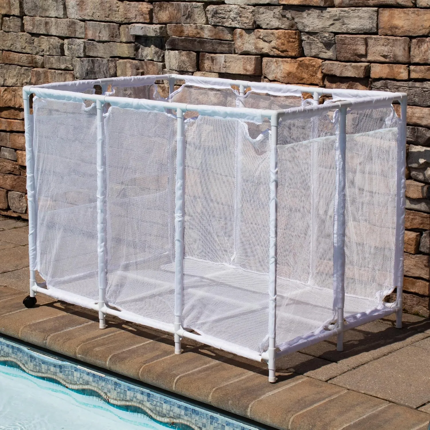 Essentially Yours Pool Noodles Holder, Toys, Floats, Balls and Floats Equipment Mesh Rolling Storage Organizer Bin, Extra-Large, (47.2" W x 30.2" L x 34" H), White Style 455119