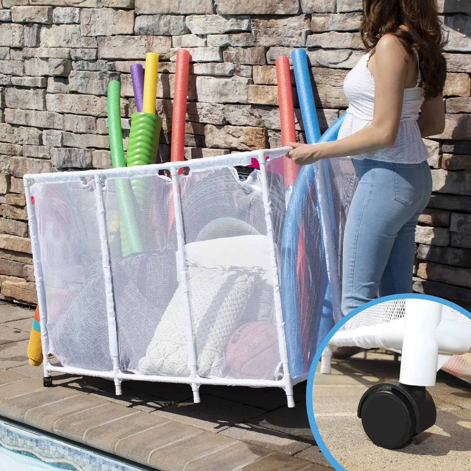 Essentially Yours Pool Noodles Holder, Toys, Floats, Balls and Floats Equipment Mesh Rolling Storage Organizer Bin, Extra-Large, (47.2" W x 30.2" L x 34" H), White Style 455119
