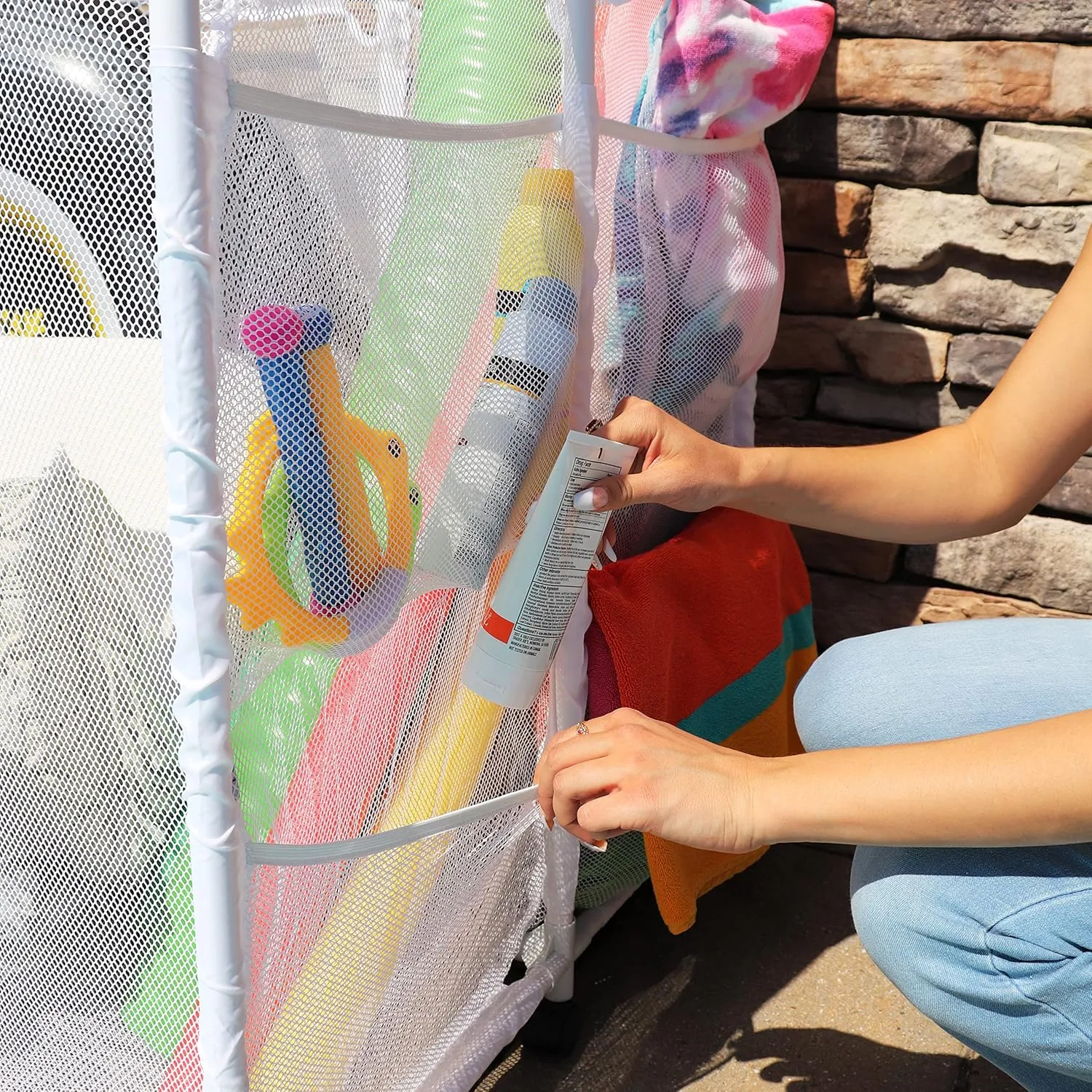 Essentially Yours Pool Noodles Holder, Toys, Floats, Balls and Floats Equipment Mesh Rolling Storage Organizer Bin, Extra-Large, (47.2" W x 30.2" L x 34" H), White Style 455119
