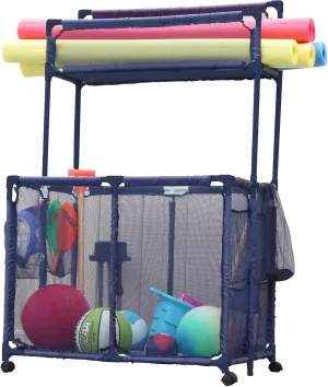 Essentially Yours Pool Noodles Holder, Toys, Floats, Balls, Equipment Mesh Rolling Double Decker Storage Organizer Bin, Large with Noodle Holder, (35.3" W x 23" L x 59.4" H), Blue Style 561935