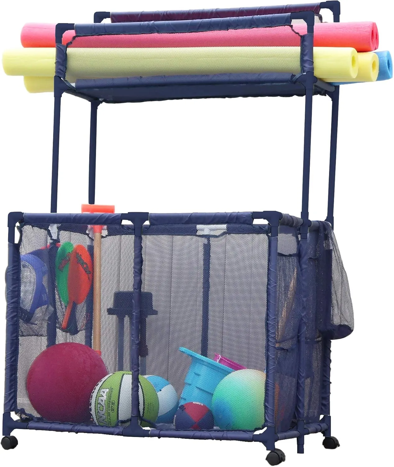 Essentially Yours Pool Noodles Holder, Toys, Floats, Balls, Equipment Mesh Rolling Double Decker Storage Organizer Bin, Large with Noodle Holder, (35.3" W x 23" L x 59.4" H), Blue Style 561935