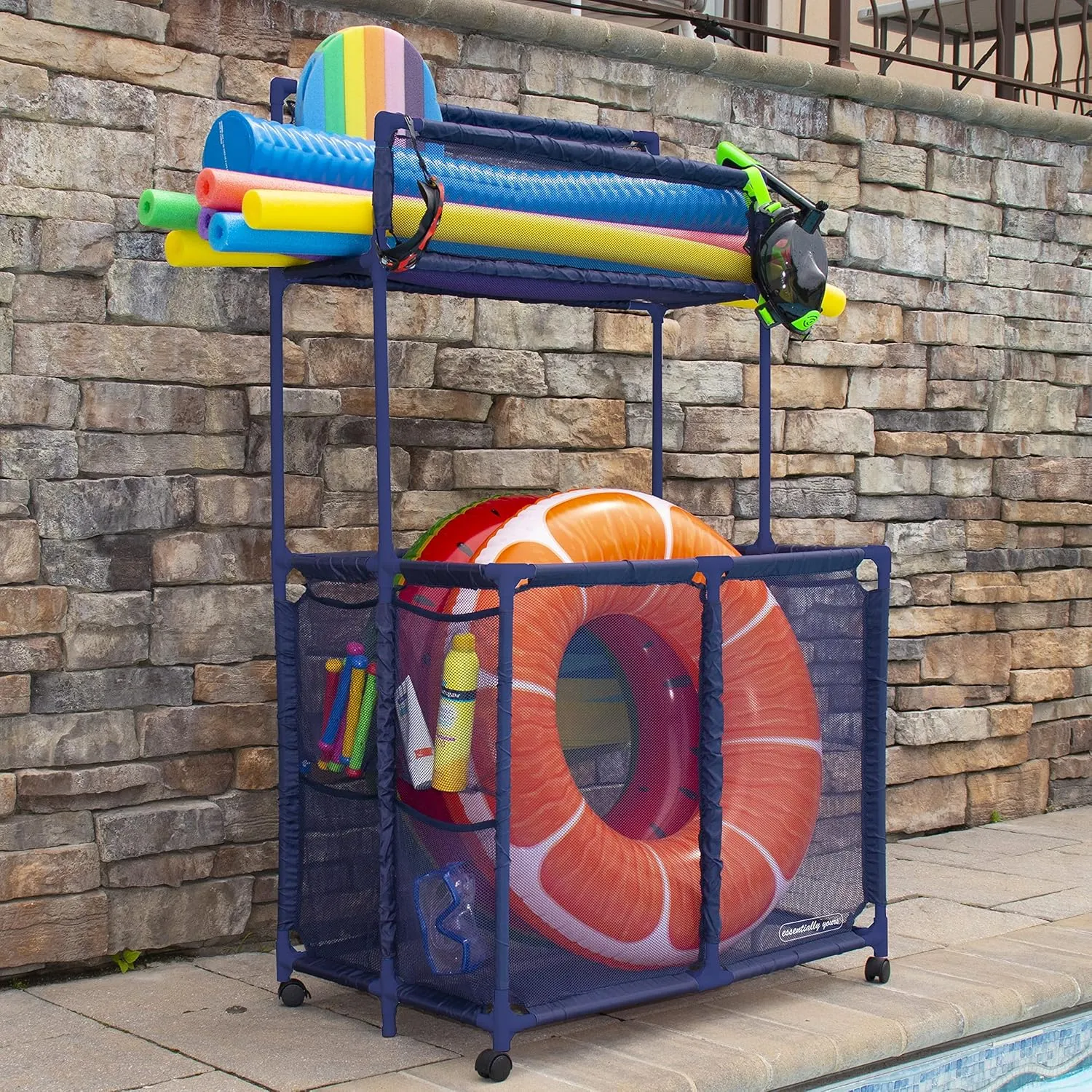 Essentially Yours Pool Noodles Holder, Toys, Floats, Balls, Equipment Mesh Rolling Double Decker Storage Organizer Bin, Large with Noodle Holder, (35.3" W x 23" L x 59.4" H), Blue Style 561935