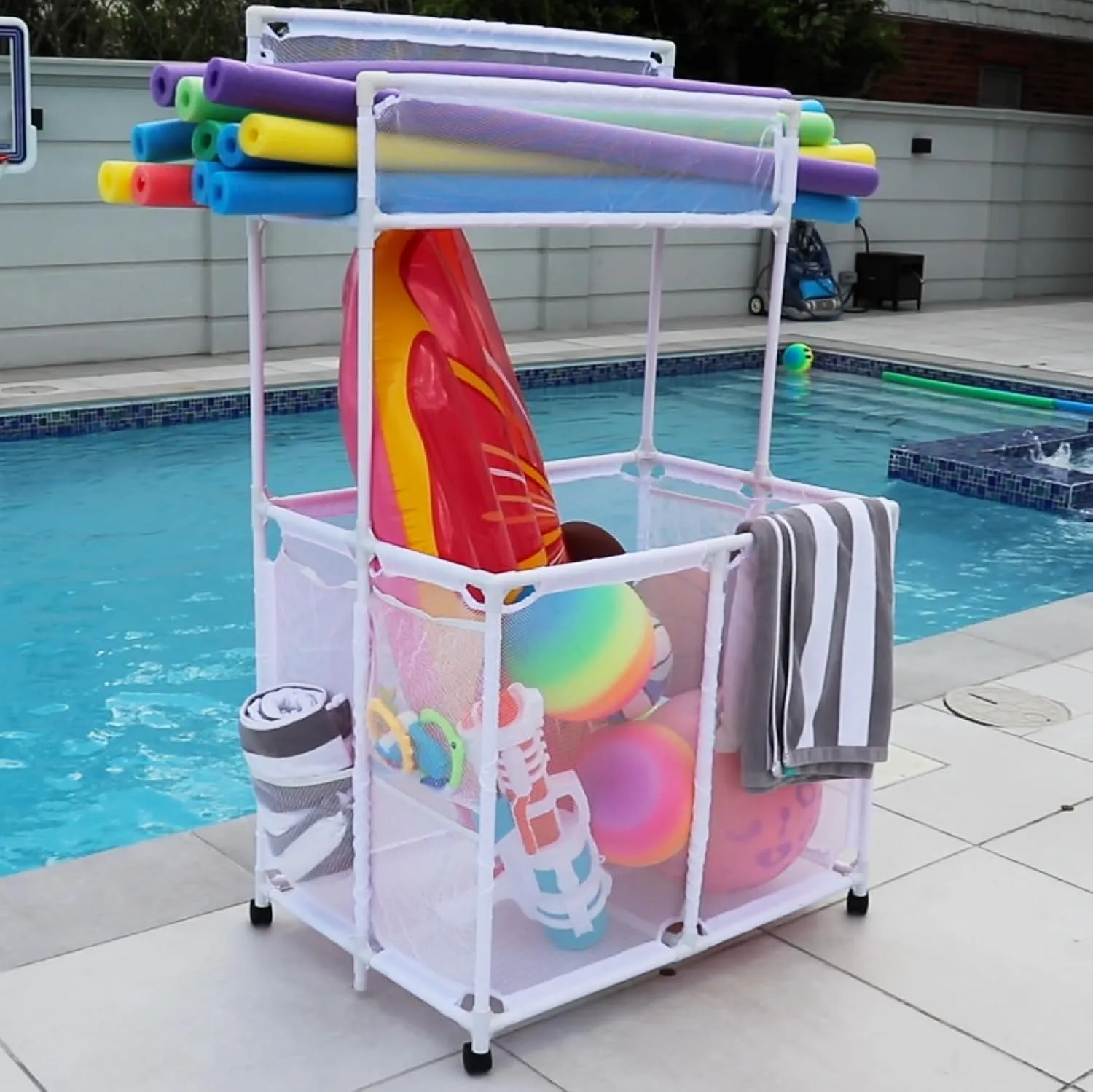 Essentially Yours Pool Storage Equipment Organizer Holder - Noodles, Toys, Balls and Floats Mesh Rolling Double Decker Bin, Large with Noodle Holder, (35.3" W x 23" L x 59.4" H), White Style 561935