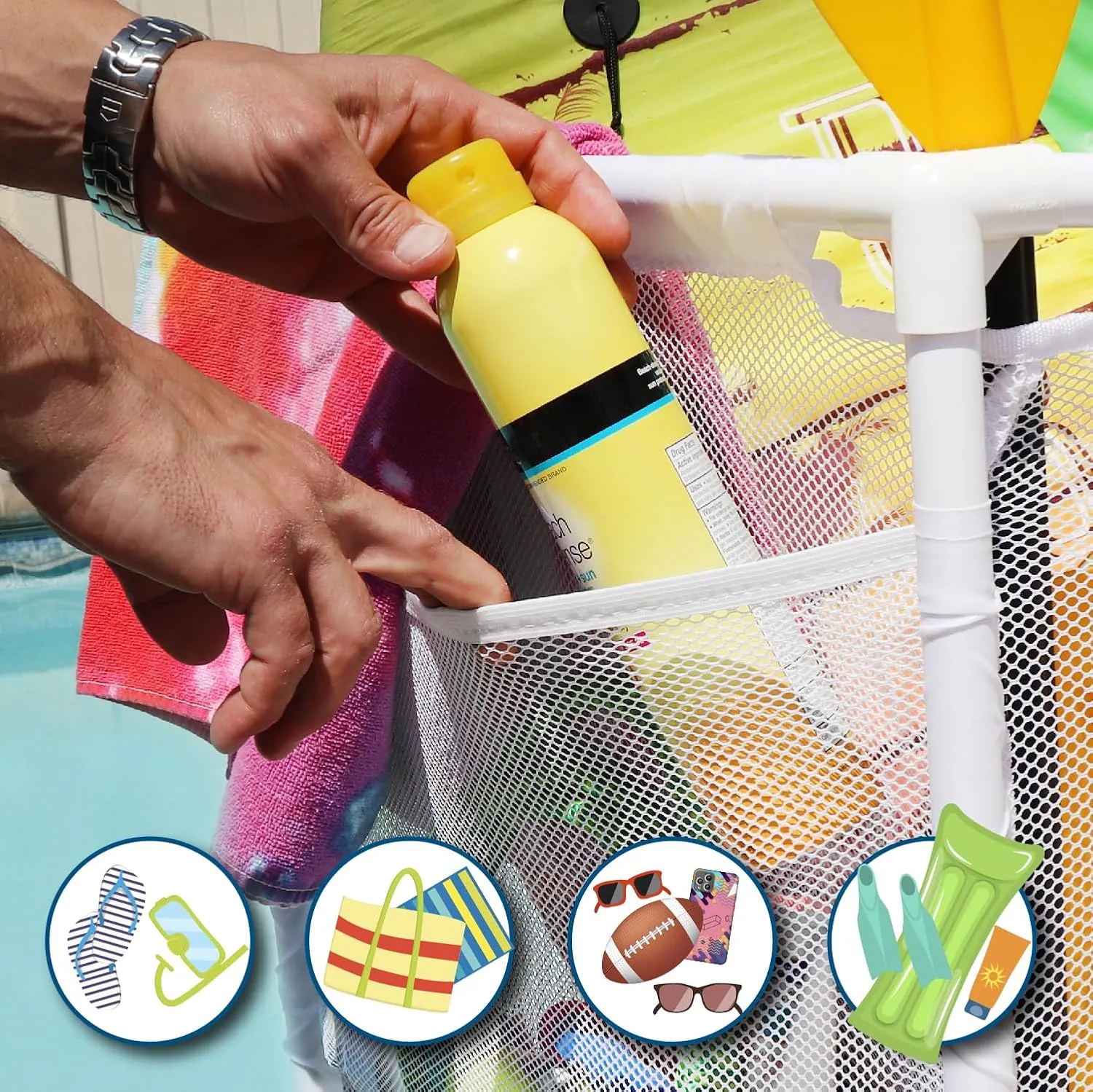 Essentially Yours Pool Storage Equipment Organizer Holder - Noodles, Toys, Balls and Floats Mesh Rolling Double Decker Bin, Large with Noodle Holder, (35.3" W x 23" L x 59.4" H), White Style 561935