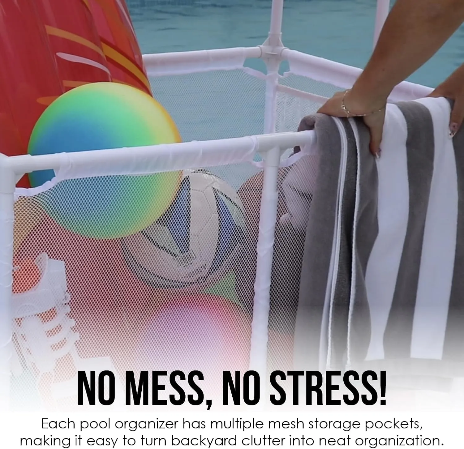 Essentially Yours Pool Storage Equipment Organizer Holder - Noodles, Toys, Balls and Floats Mesh Rolling Double Decker Bin, Large with Noodle Holder, (35.3" W x 23" L x 59.4" H), White Style 561935