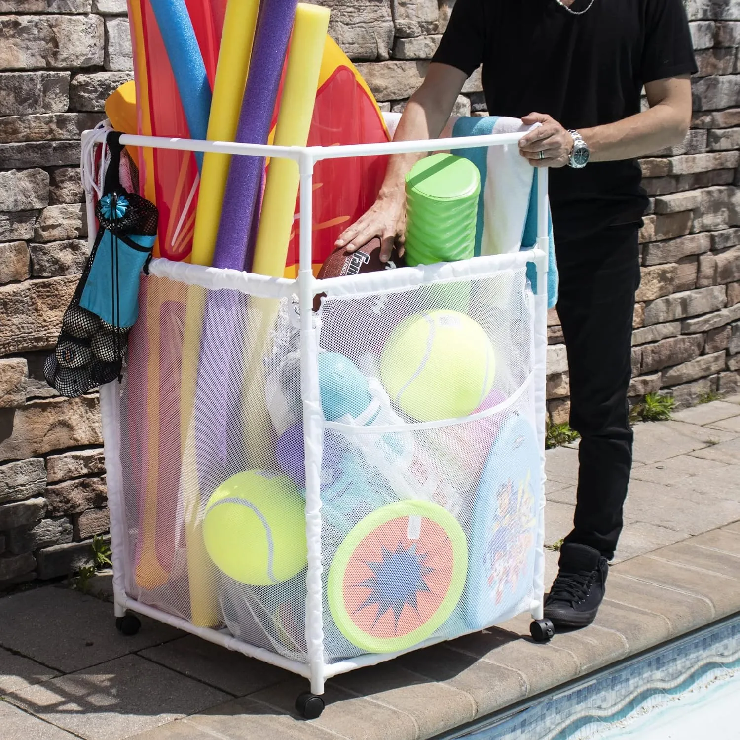 Essentially Yours Rolling Pool Noodle Storage Organizer Bin, Standard Noodle Holder, (25.4" W x 26" L x 40.5" H), White Style 510643