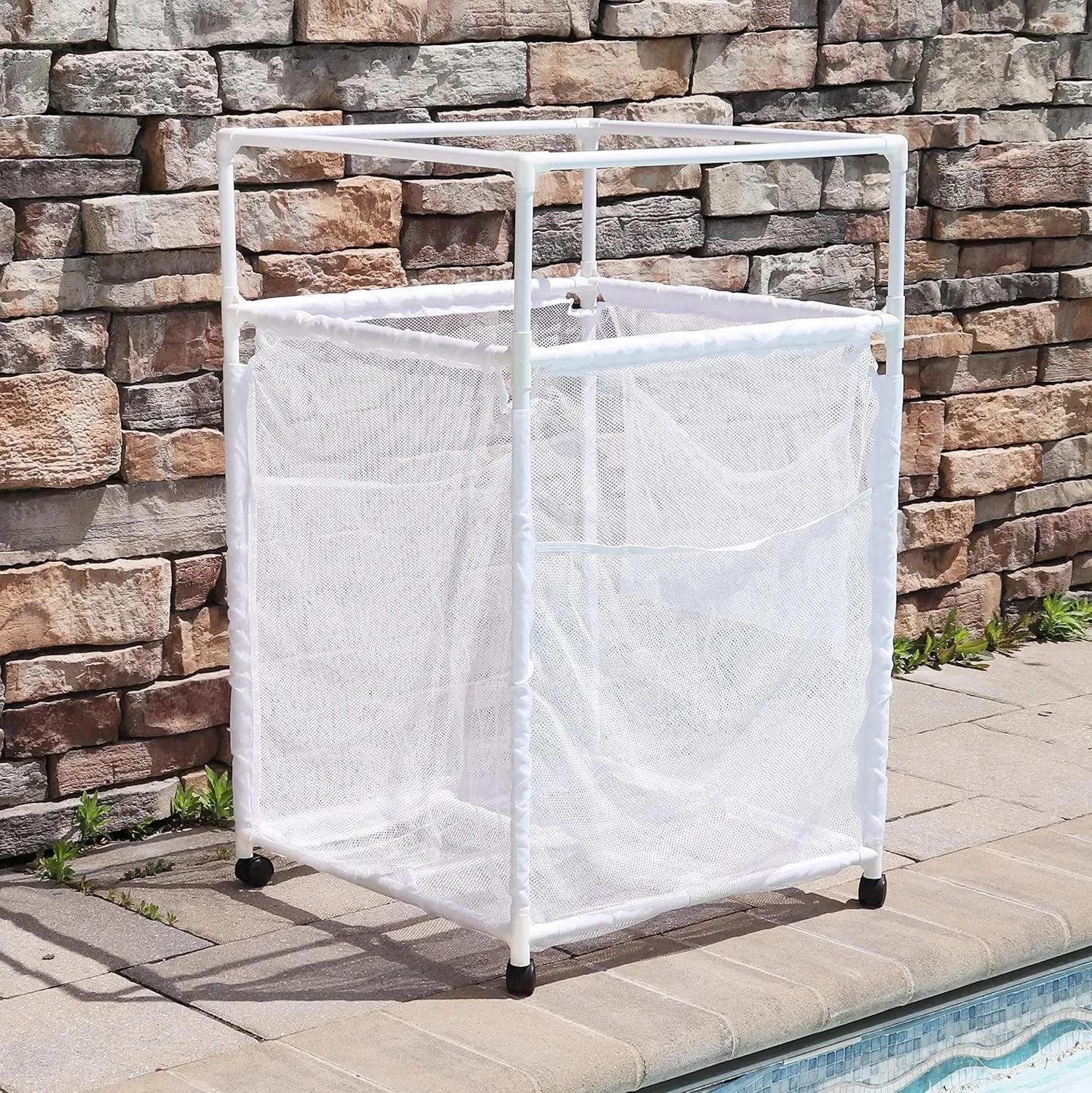 Essentially Yours Rolling Pool Noodle Storage Organizer Bin, Standard Noodle Holder, (25.4" W x 26" L x 40.5" H), White Style 510643