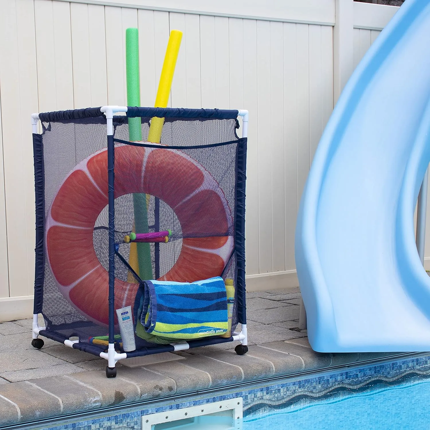 Essentially Yours Rolling Pool Storage Organizer Bin, Medium, (25.4" W x 25.4" L x 40" H), Blue/White Style 417227