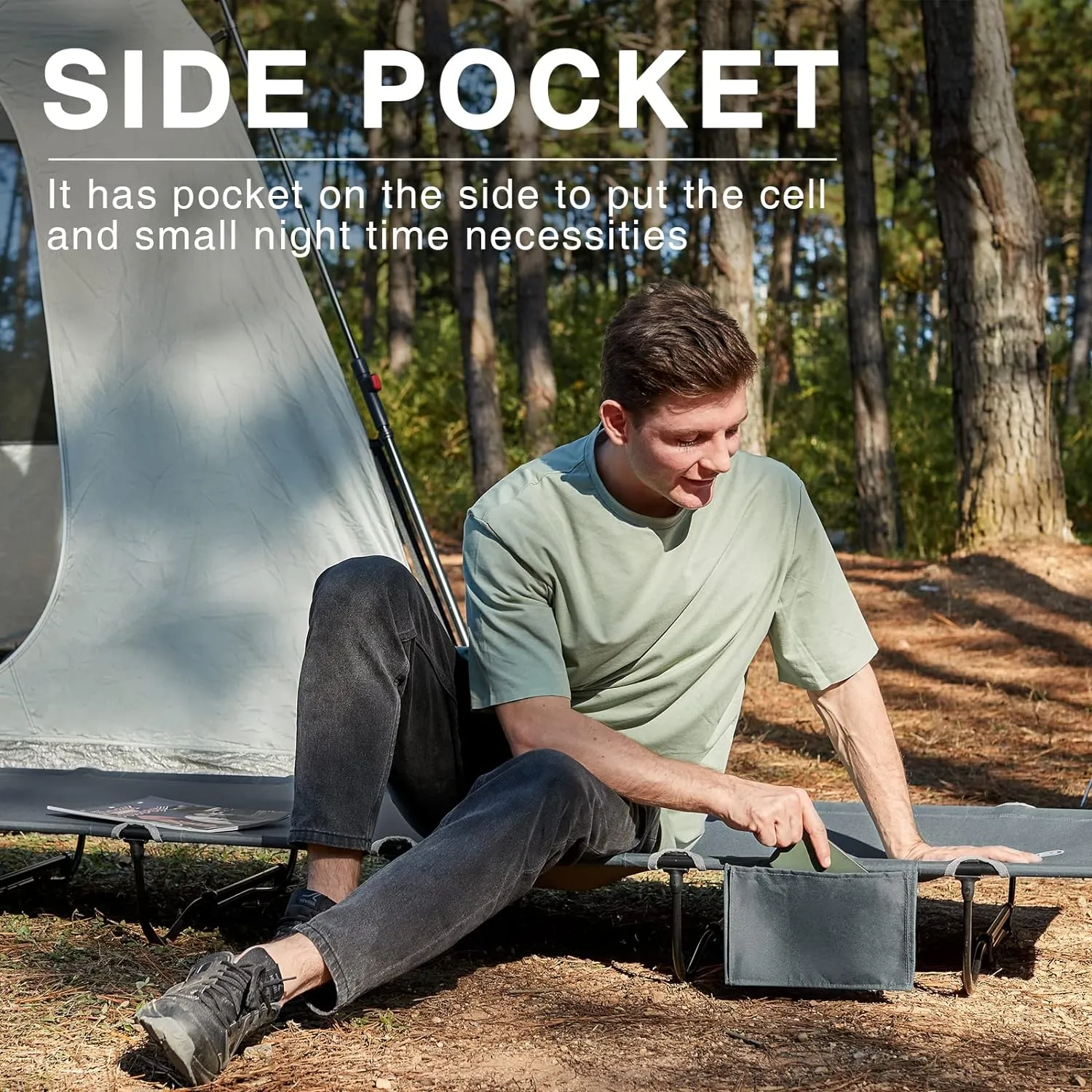 EVER ADVANCED Folding Camping Cot for Adults, Compact Sleeping Cots with Side Pocket, Portable Heavy Duty Foldable Camp Bed with Carry Bag for Outdoor, Travel, Grey
