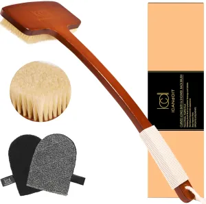 Exfoliation Set-17.71 Inch Boar Bristles Back Scrubber Bath Brush,Shower Brush with No-Slip Curved Handle,Dual-Sided Face Exfoliation Glove