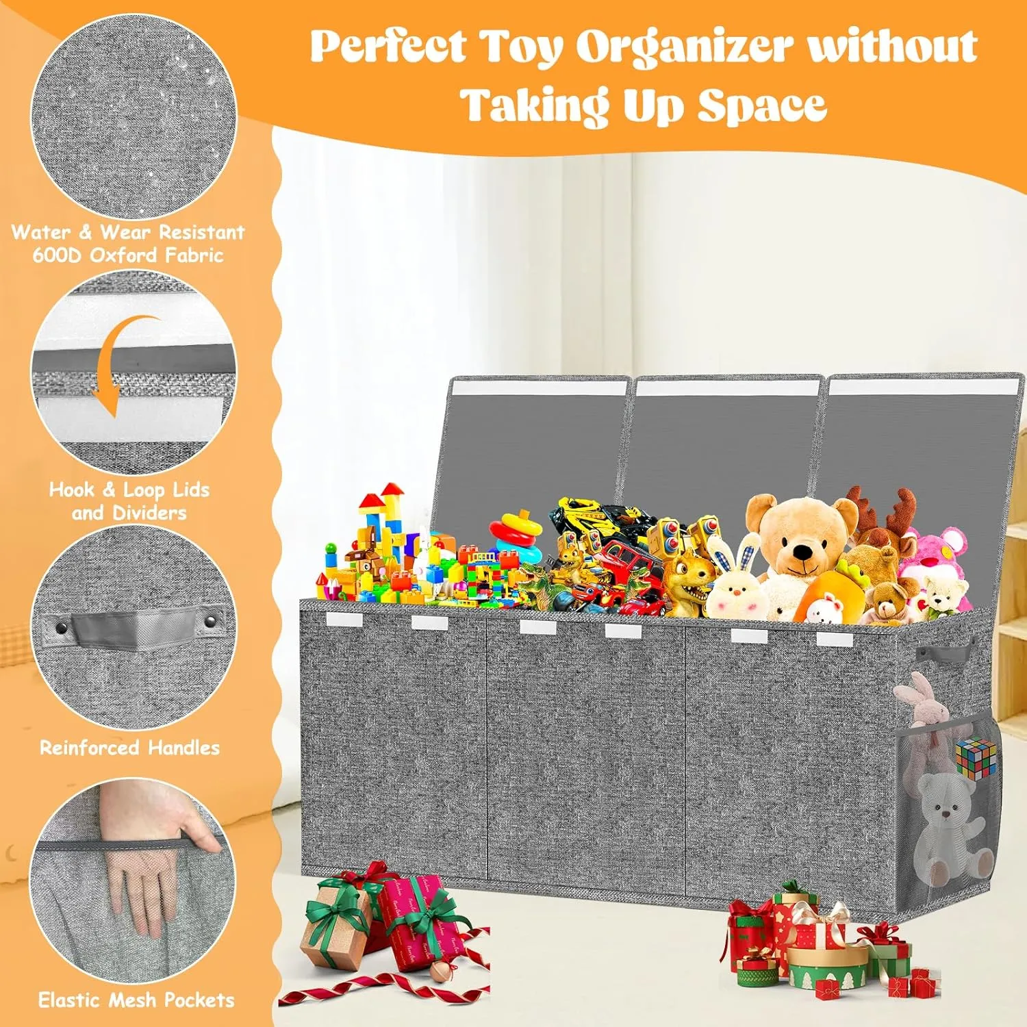 Extra Large Toy Box, Toys Chest for Toddlers with Lids, Collapsible Toy Storage Organizer, Kids Bin Boxes Storage Basket for Boys, Girls, Nursery, Living Room, Playroom, 40"x14"x16", Gray