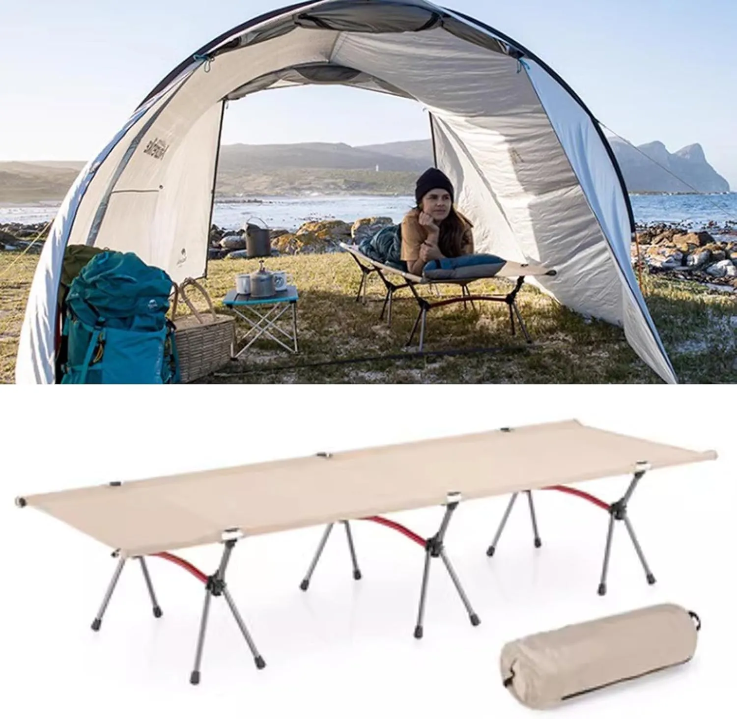 Extra-Wide Camping Cot, Upgrade Sturdy Camping Bed, Cots for Sleeping Support 300lb, Portable Cot with Carry Bag Ultralight Backpacking Cot for Travel(Beige)