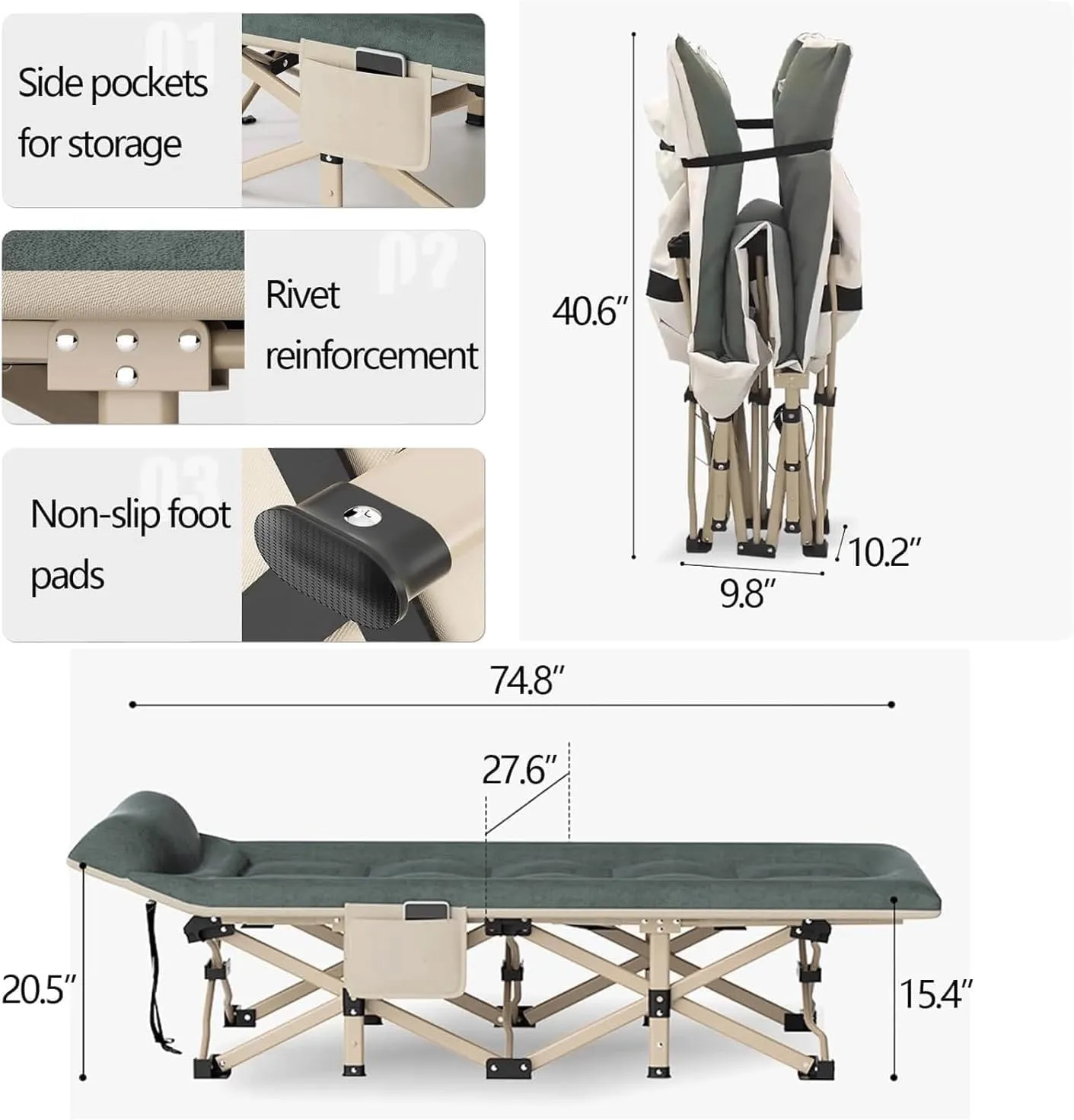 Extra Wide Camping Cot with Mattress, Guest Bed for Home/Office Nap, Portable Folding Bed for Sleeping, Tent Cot Built-in Pillow