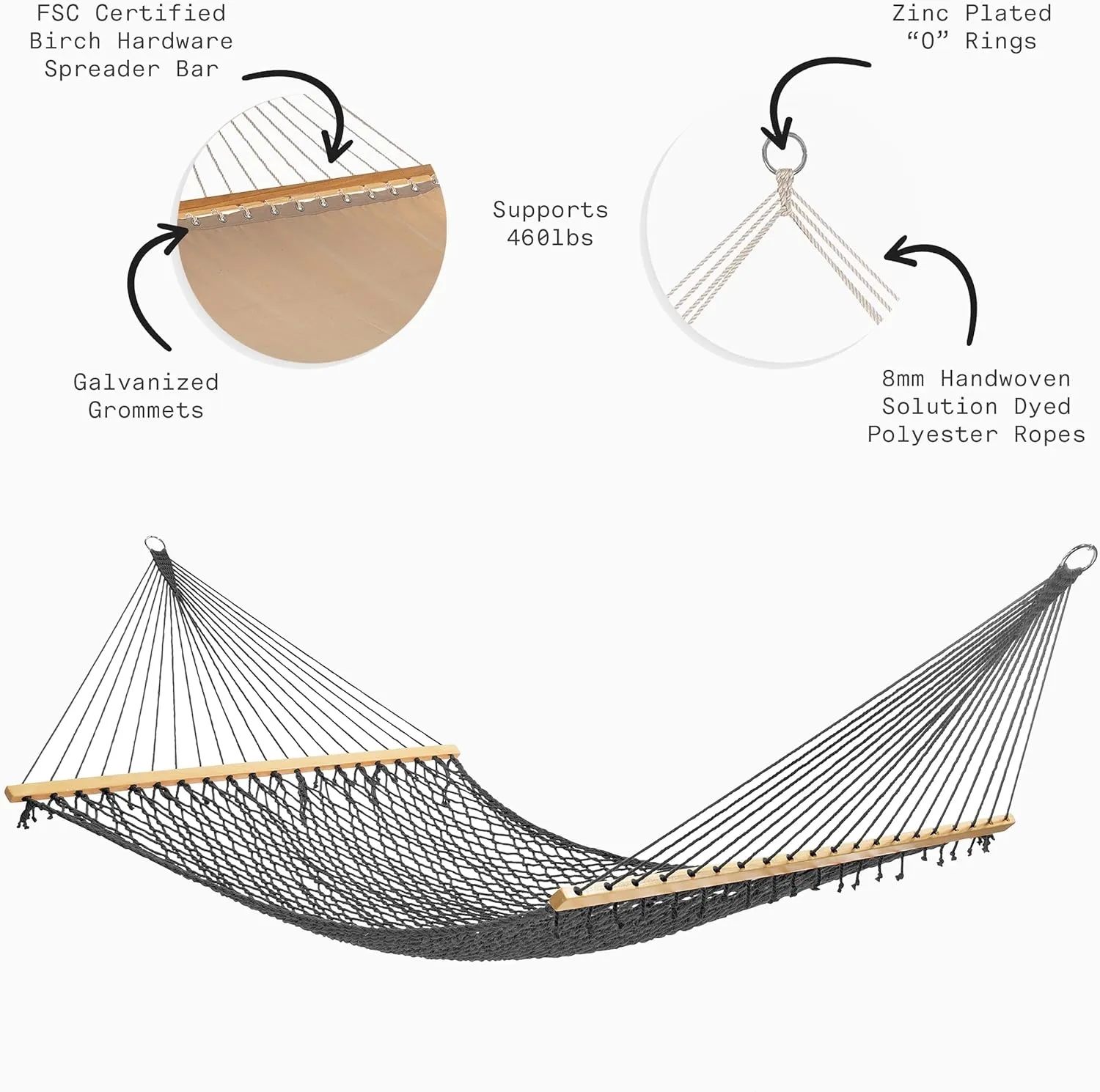 Fab Habitat 12-14 ft Adjustable Quick Dry Recycled Polyester Rope Hammock, Fade Resistant, 2 Person Indoor/Outdoor (460lbs Capacity) for Patio, Poolside, Backyard, Garden, Balcony, Miami - Charcoal