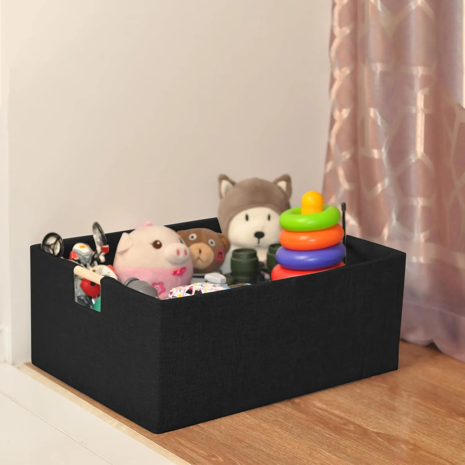 Fabric Storage Basket for Shelves, Collapsible Storage Bins with wood Handles, Rectangle Closet Baskets, Wardrobe Organiser, for Sorting Clothes, Family Items (Black) (1)