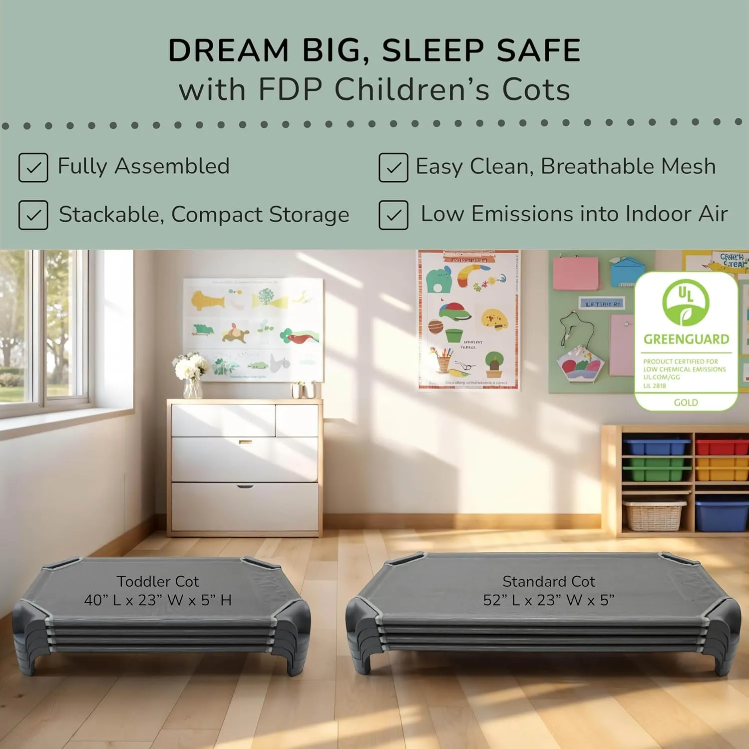 Factory Direct Partners Daycare Cot; Fully Assembled Stackable Toddler (40"L) Nap Cot for Rest Time, Children's Nap Time in Preschool, Classroom or Home (1-Piece) - Gray, 14283-GY