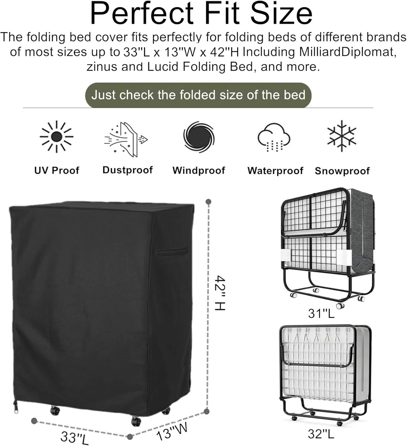 Falezern 33 in Folding Bed Cover, Black Rollaway Bed Storage Cover for Fold Up Bed, Thickened Folding Cot Bed Cover, With Metal Zipper and Adjustable Drawstring, Dustproof and Waterproof