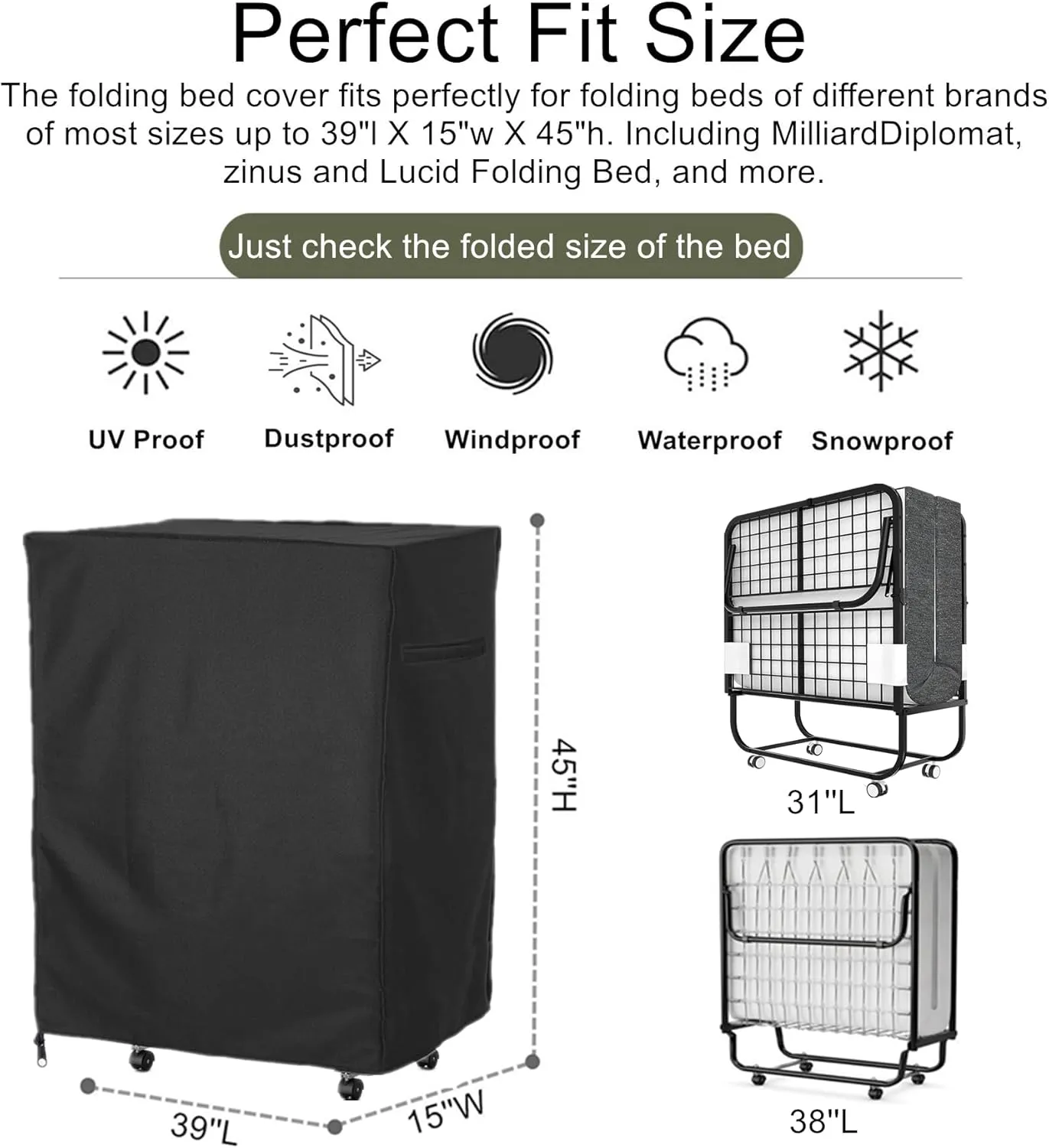 Falezern 38 in Folding Bed Storage Cover, Adjustable Rollaway Bed Cover, Folding Cot Bed Storage Cover for Fold Up Bed, Waterproof and Dustproof, with Zipper and Elastic Drawstring