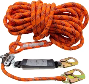 Fall Protection Rope, 50ft Harness Safety Lanyard, Vertical Roofing Rope with Grab Snap Hooks Shock Absorber Safety Equipment Orange