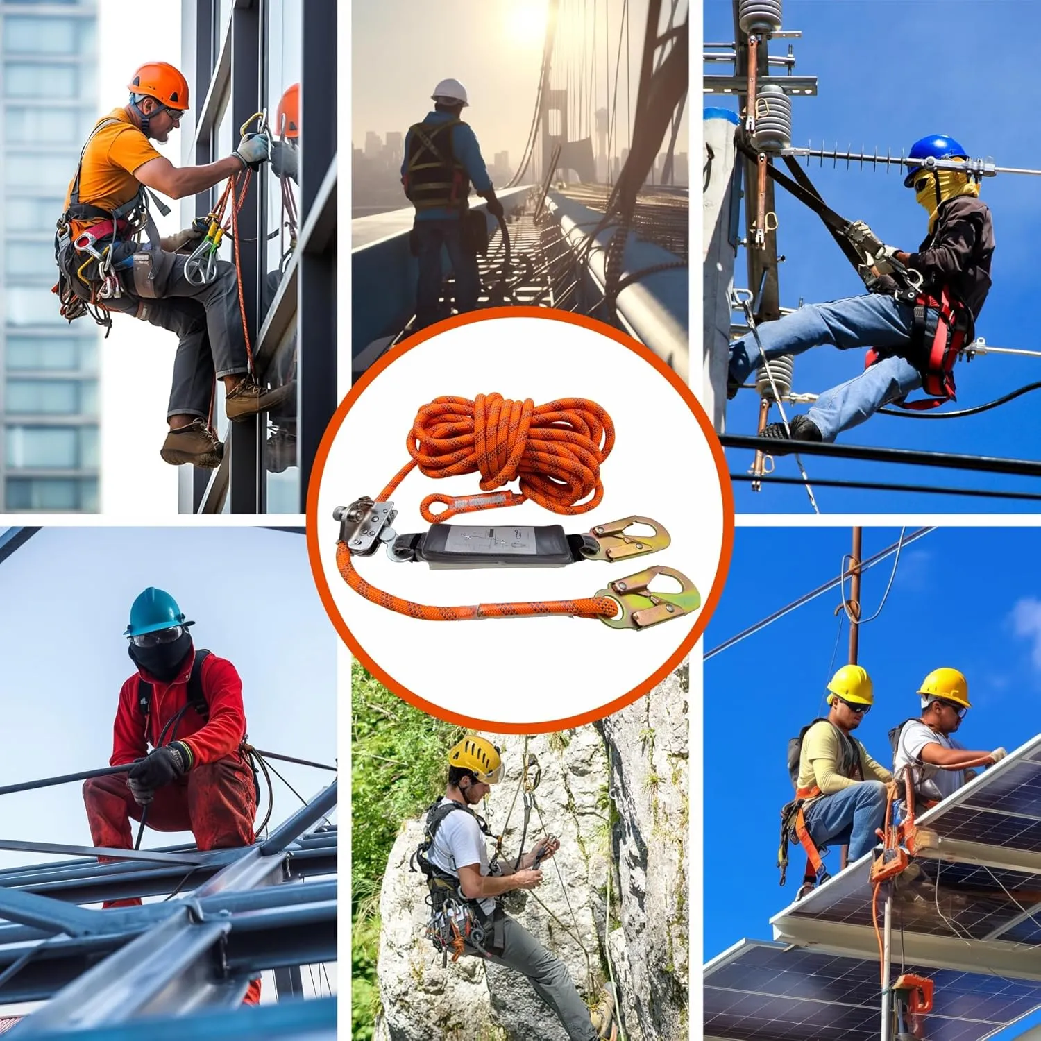 Fall Protection Rope, 50ft Harness Safety Lanyard, Vertical Roofing Rope with Grab Snap Hooks Shock Absorber Safety Equipment Orange