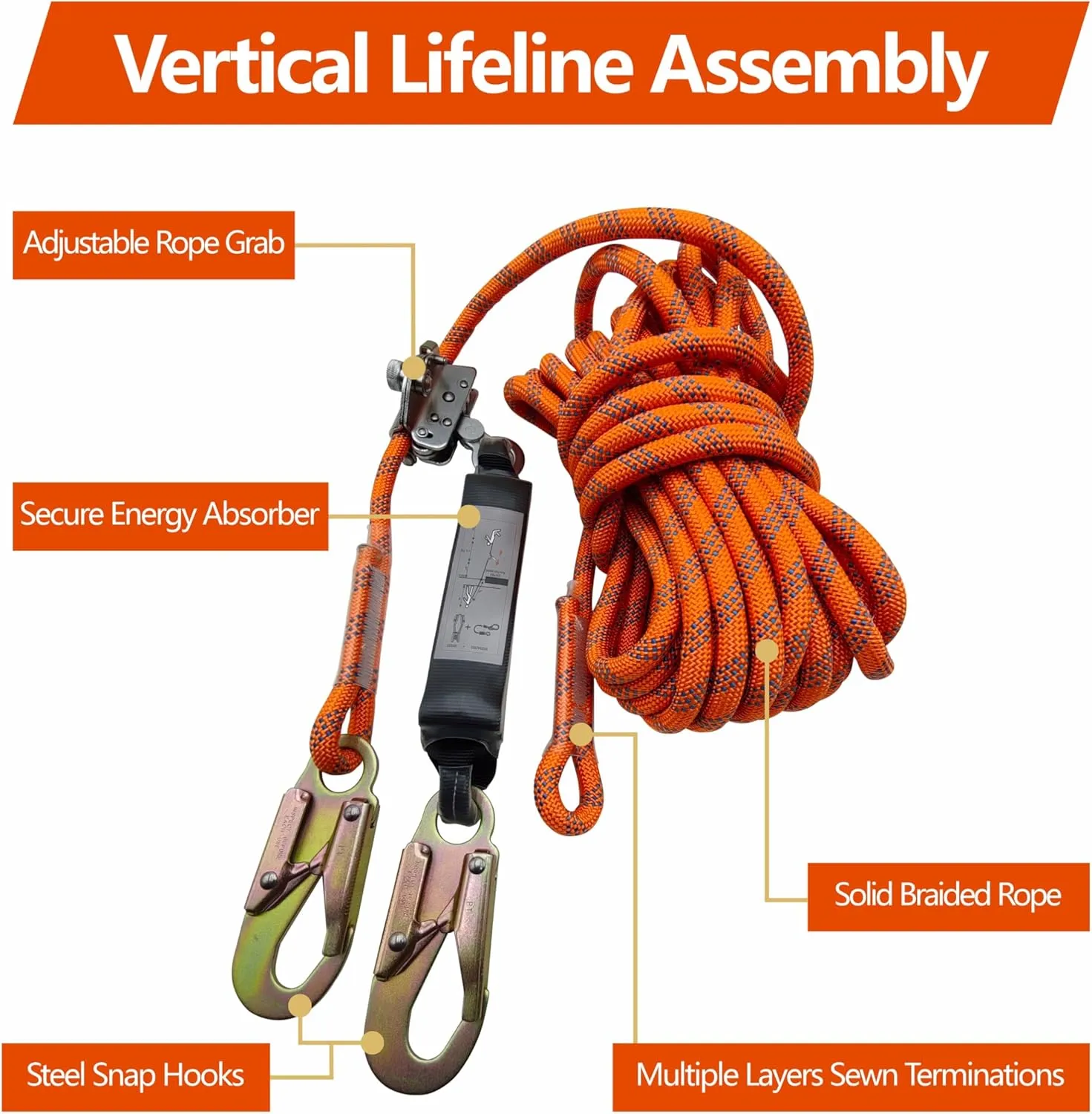 Fall Protection Rope, 50ft Harness Safety Lanyard, Vertical Roofing Rope with Grab Snap Hooks Shock Absorber Safety Equipment Orange