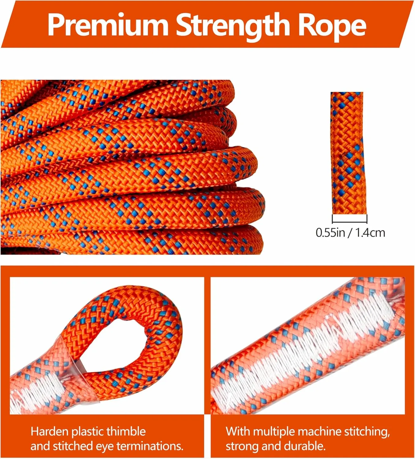 Fall Protection Rope, 50ft Harness Safety Lanyard, Vertical Roofing Rope with Grab Snap Hooks Shock Absorber Safety Equipment Orange