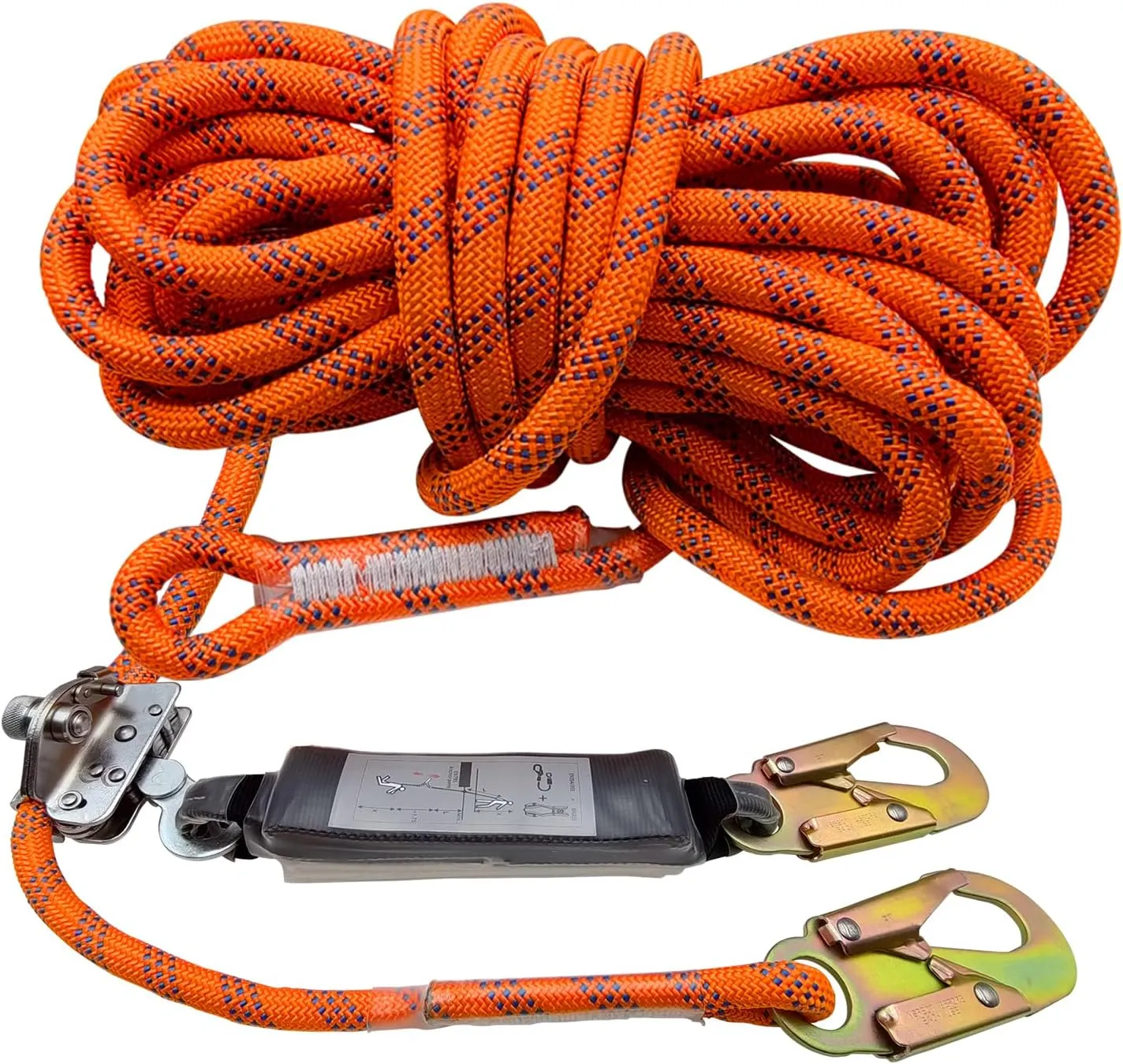 Fall Protection Rope, 50ft Harness Safety Lanyard, Vertical Roofing Rope with Grab Snap Hooks Shock Absorber Safety Equipment Orange