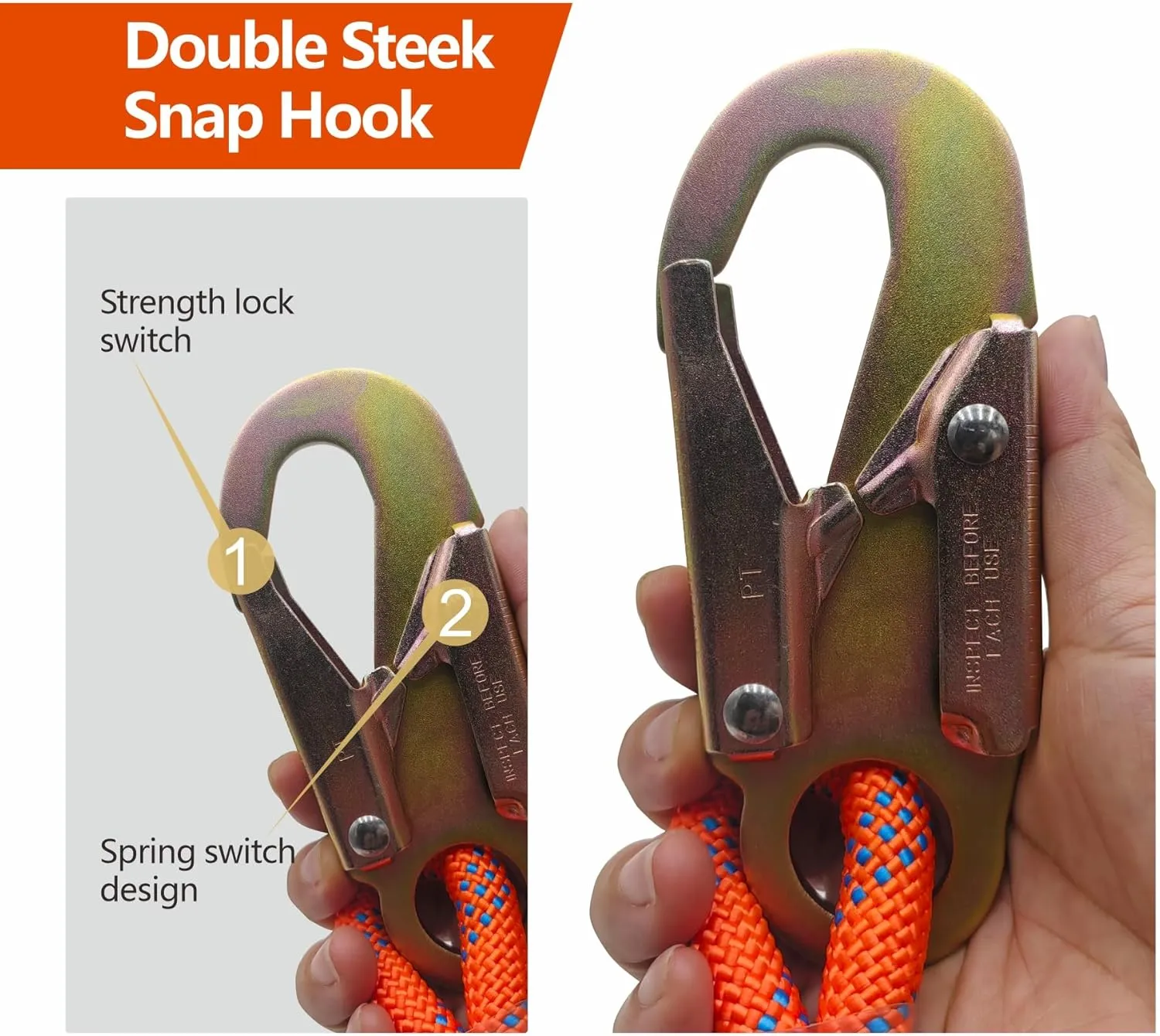 Fall Protection Rope, 50ft Harness Safety Lanyard, Vertical Roofing Rope with Grab Snap Hooks Shock Absorber Safety Equipment Orange