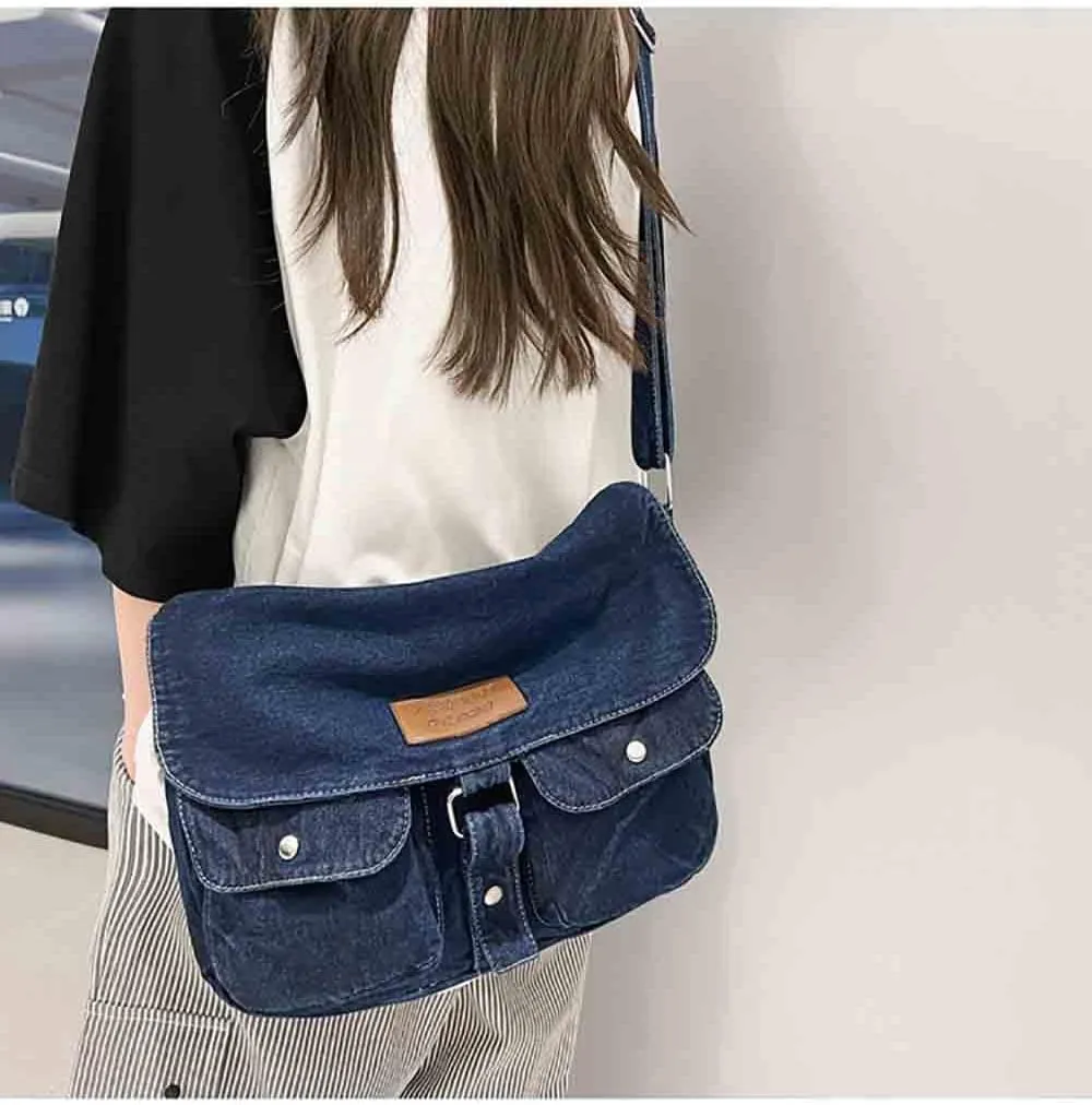 Fashion denim handbag shoulder bag large capacity retro Messenger bag bag for men and women (Denim Dark Blue)
