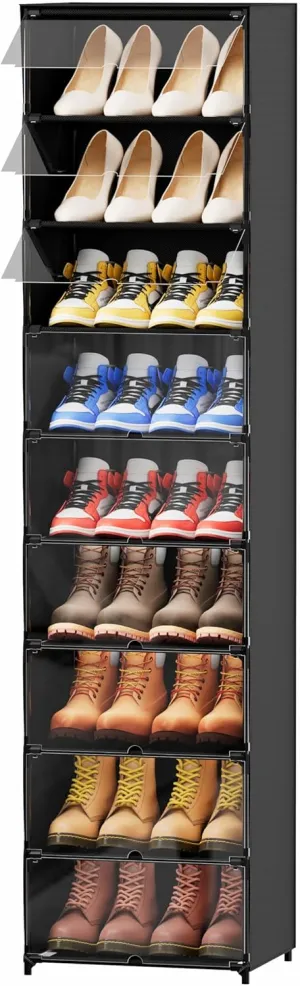 fiducial home 9 Tiers Tall Narrow Shoe Storage Cabinet for Entryway 18 Pairs High Top Shoe Cubby Container Bin with Clear Lid,Fit Size 12