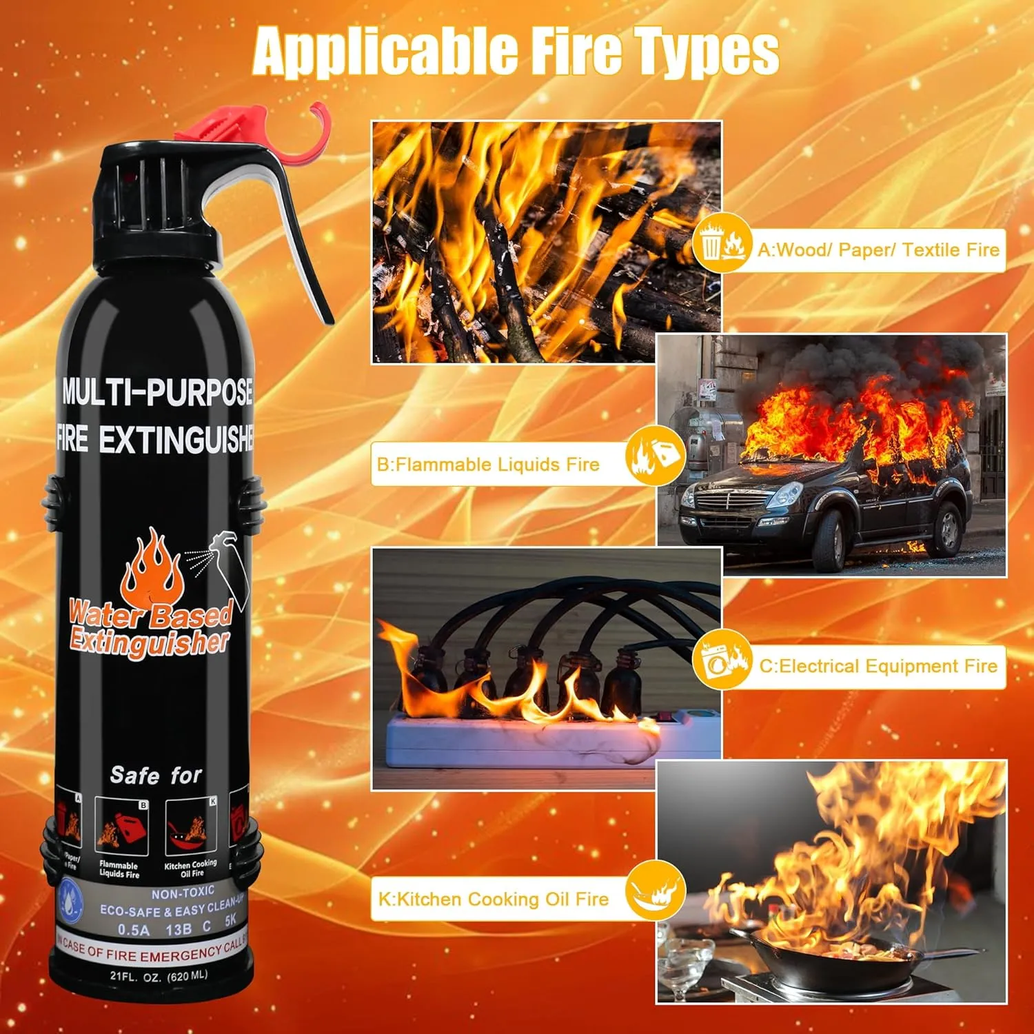Fire Extinguisher for Home, 4 Pack Vehicle Fire Extinguishers with Mount, Portable Fire Extinguisher Effective on A, B, C, K Fires, Water-Based Extinguisher for Car Boat Office Truck Kitchen Garage RV