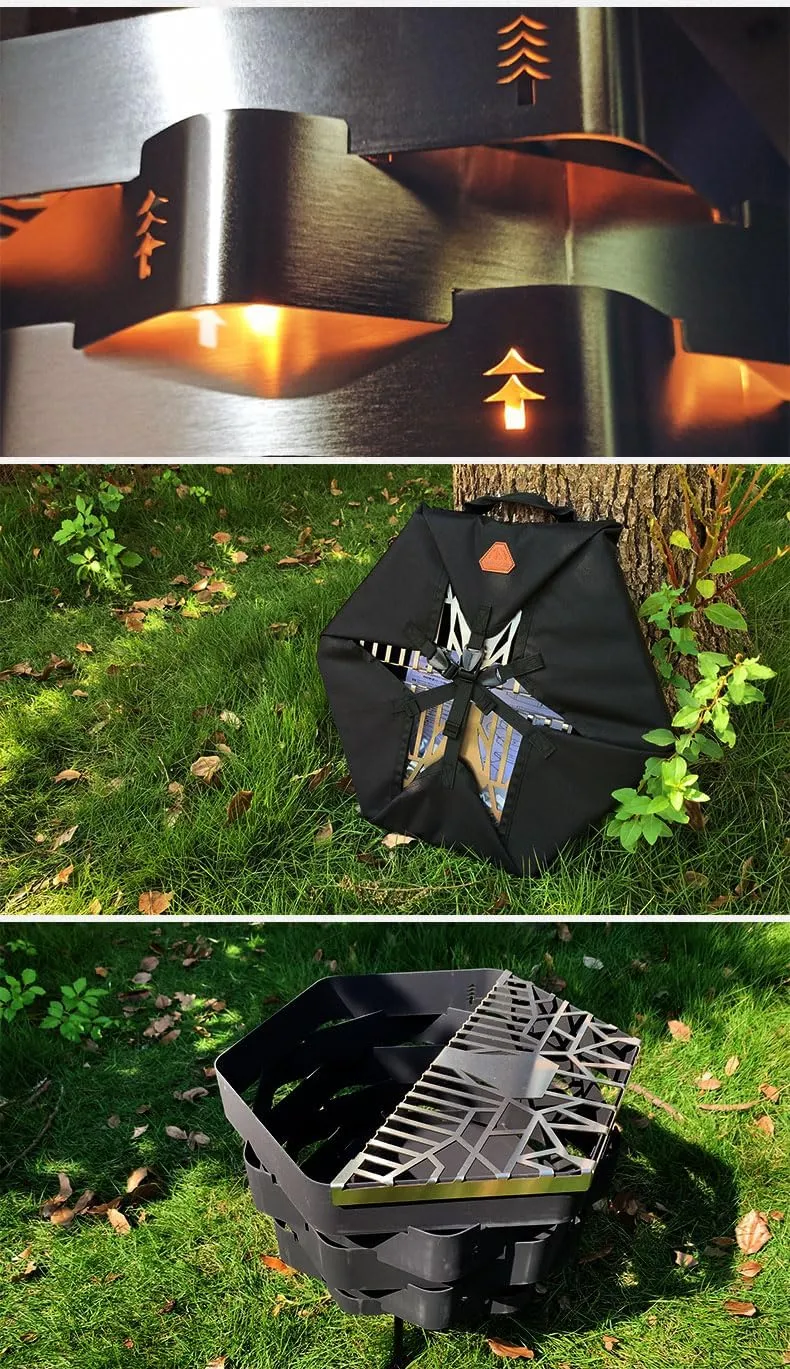 Fire Pit, Halo Fire Place Outdoor Portable Wood Fire Pits Includes A Grill, A Bag, Hexagonal Fireplace for Patio Camping Gift (Hot-Rolled Steel Firepit with a Grill, Small)