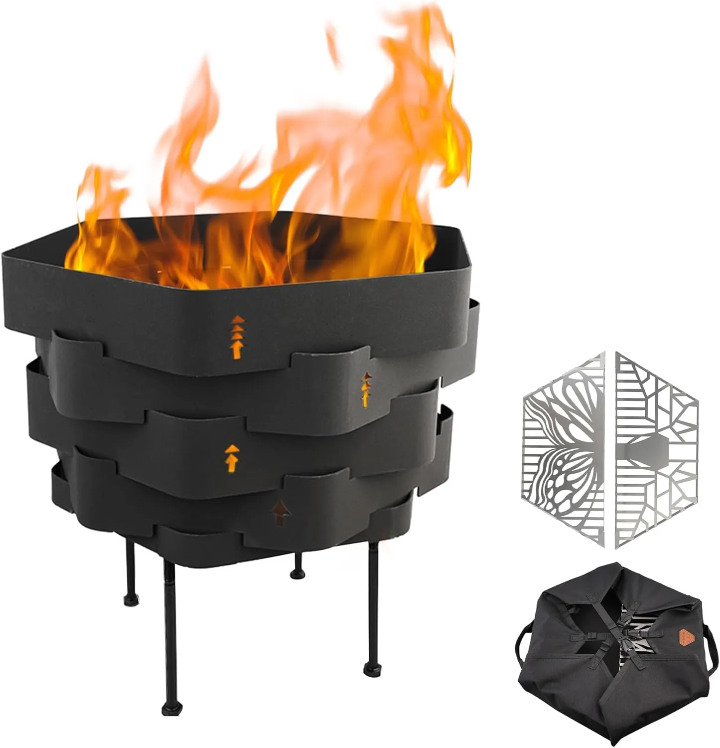Fire Pit, Halo Fire Place Outdoor Portable Wood Fire Pits Includes A Grill, A Bag, Hexagonal Fireplace for Patio Camping Gift (Hot-Rolled Steel Firepit with a Grill, Small)