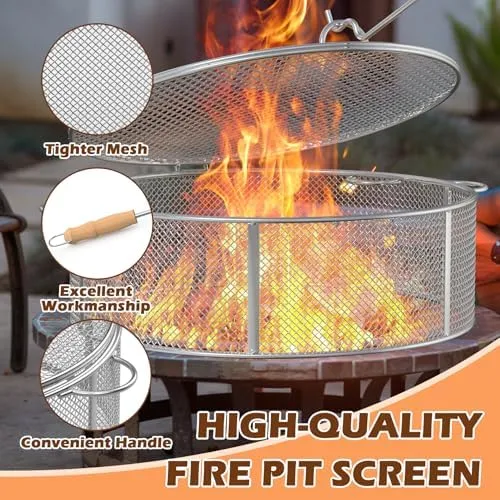 Fire Pit Spark Screen for Tiki Brand Reunion Fire Pit Accessories, Spark Protector Screen with Handle for 22" Outdoor Smokeless Fire Pit Cuisinart, Round Stainless Steel Fire Pit Mesh Screen