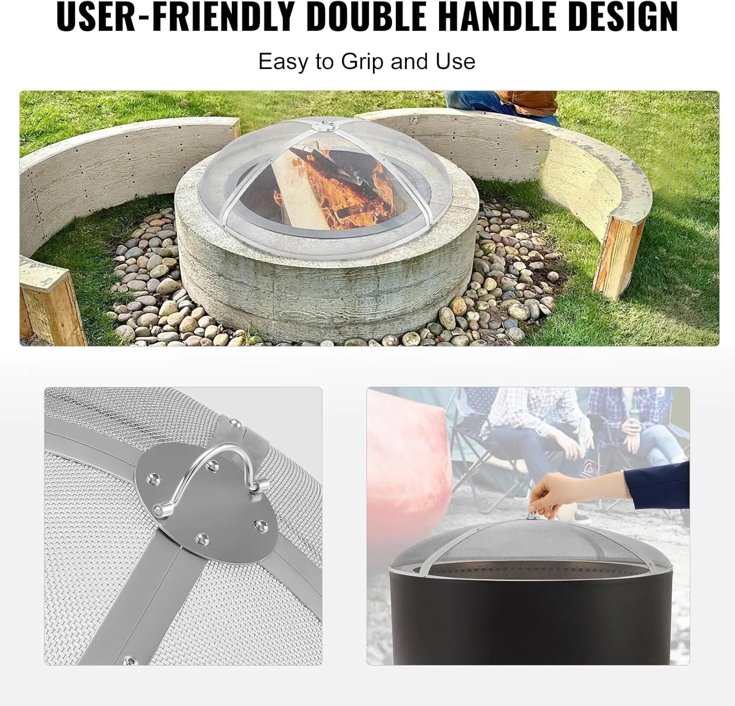 Fire Pit Spark Screen Round 36", Reinforced Heavy Duty Steel Metal Cover, Outdoor Firepit Lid, Easy-Opening Top Screen Covers Round with Ring Handle for Outdoor Patio Fire Pits Backyard