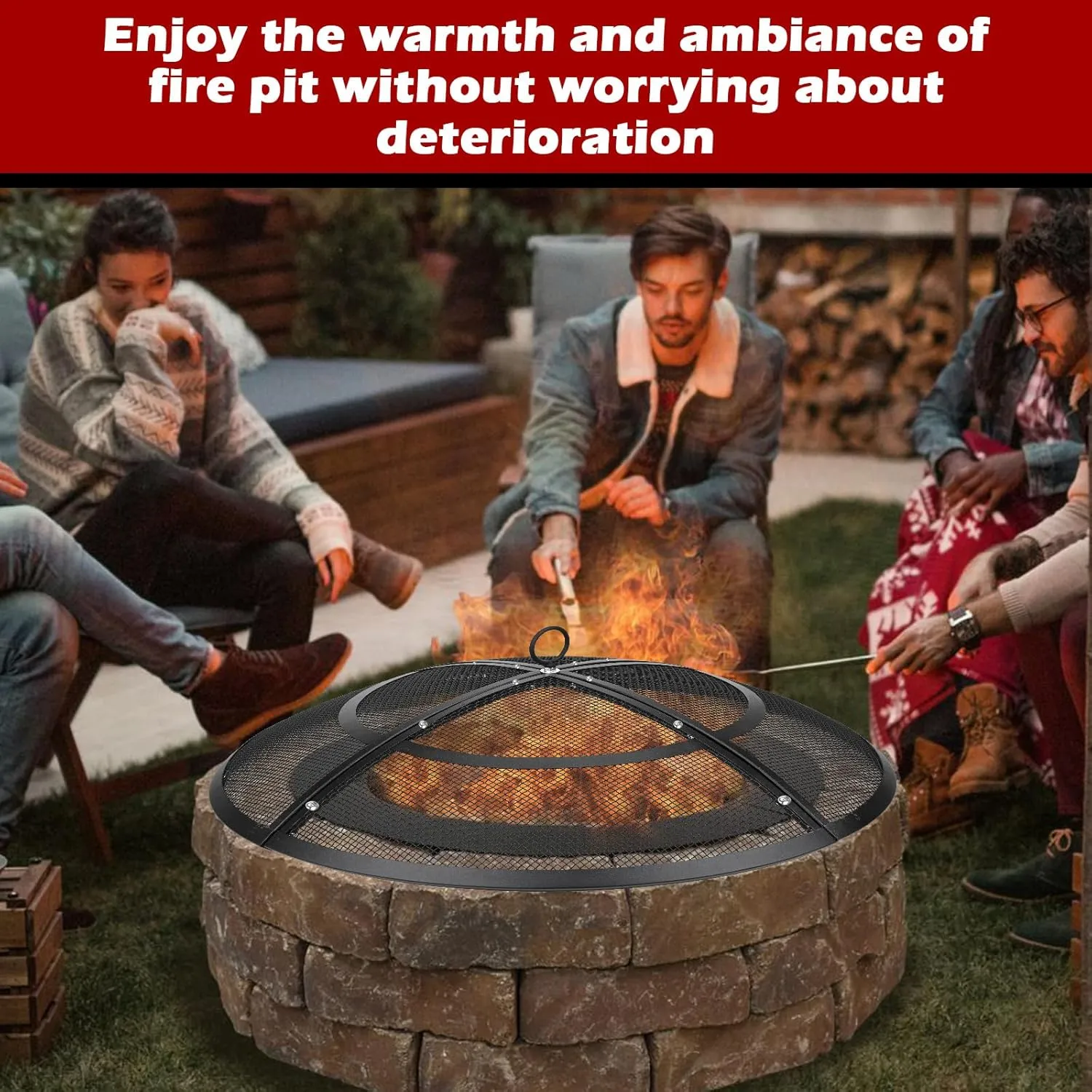 Fire Pit Spark Screen,22 Inch Fire Pit Screen Cover Outdoor with Handle&Poker,Firepit Screens Round Cover Mesh Replacement Heavy-Duty Steel Fire Pit Cover for Backyard/Beach/RV Camping